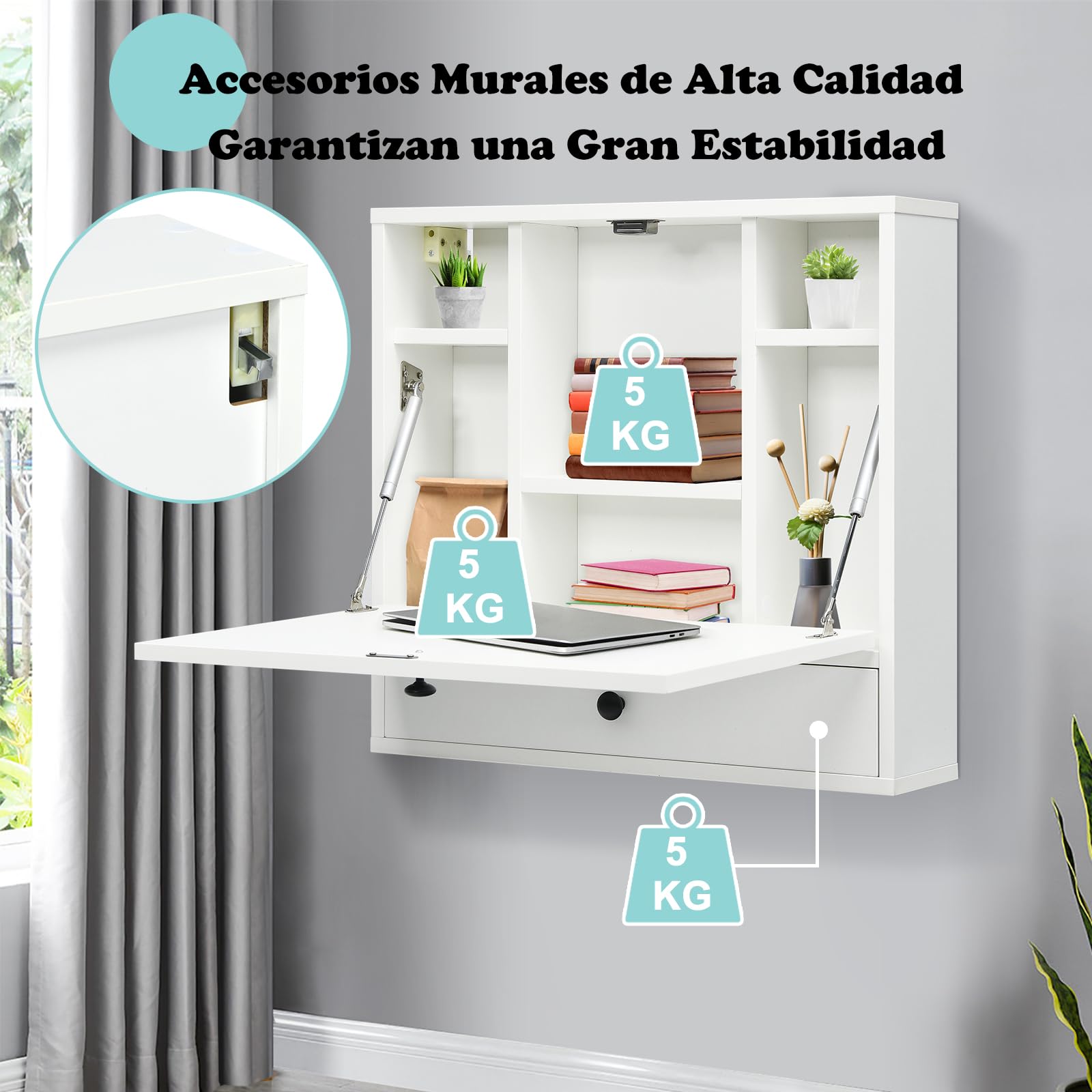 COSTWAY Mesa Plegable Pared, Estantes y Cajón, Escritorio Plegable Pared Oficina Cocina Espacios Pequeños, 60 x 15 x 57 cm, Mesa Abatible de Pared (Blanco)