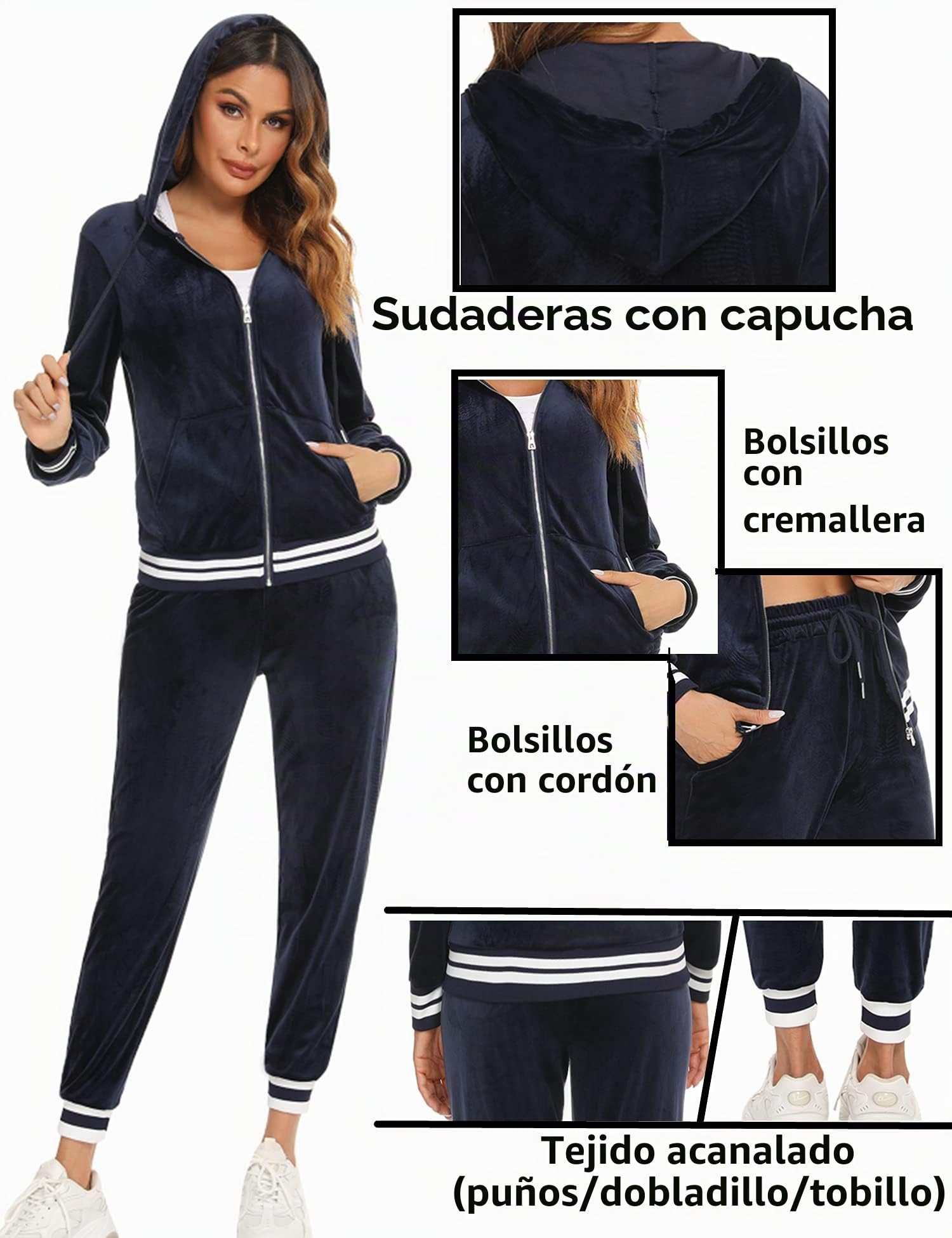 Conjunto Chándal Mujer Chandal Completo Deportivo Sudadera Capucha Camiseta Manga Larga y Pantalón Casual Yoga Correr Fitness Ropa Deportiva con Rayas 2 Pieces