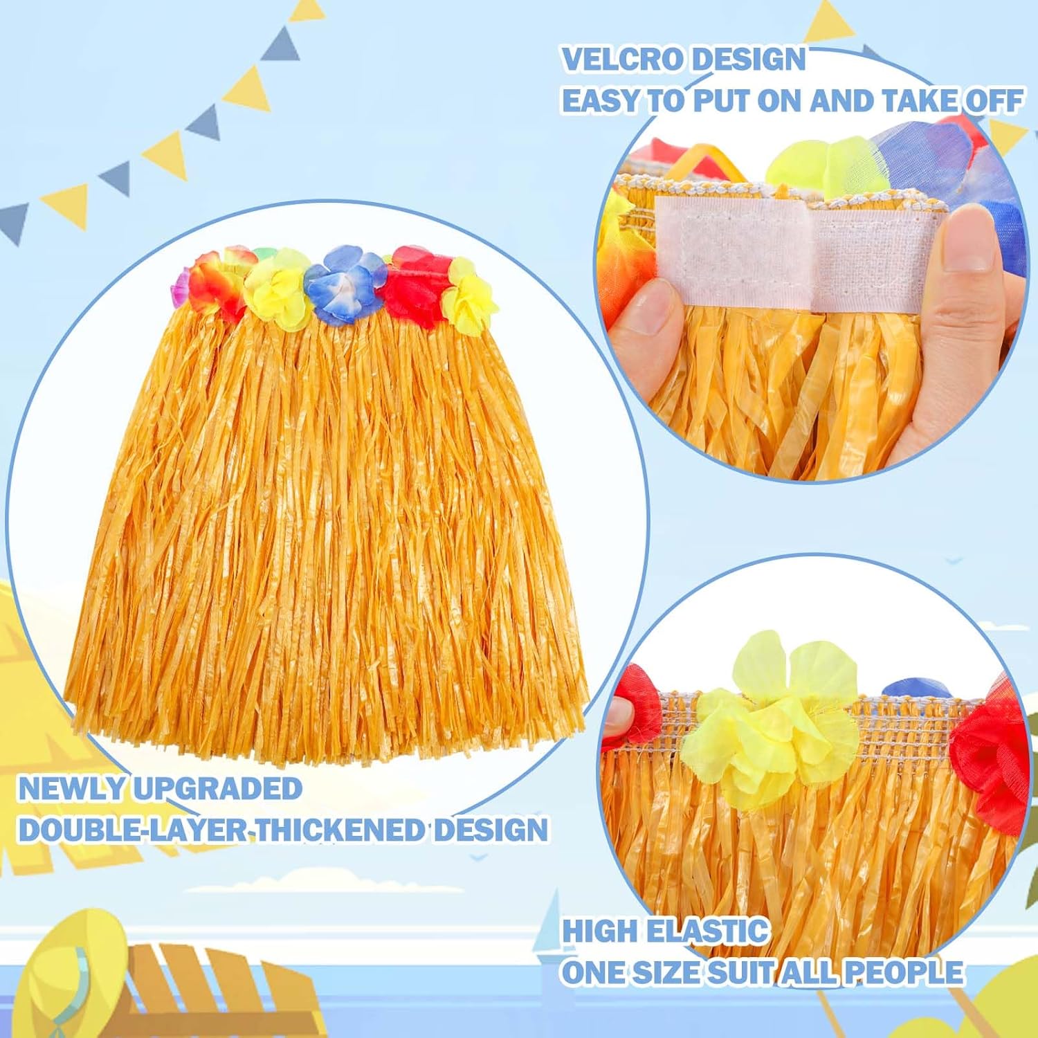 PHOGARY Double-Layer Hawaiian Hula Skirt - 40 CM Grass Skirt for Women, Luau Party Costume with Lei Flower Necklace, Pineapple Outfit Accessories - Image 3