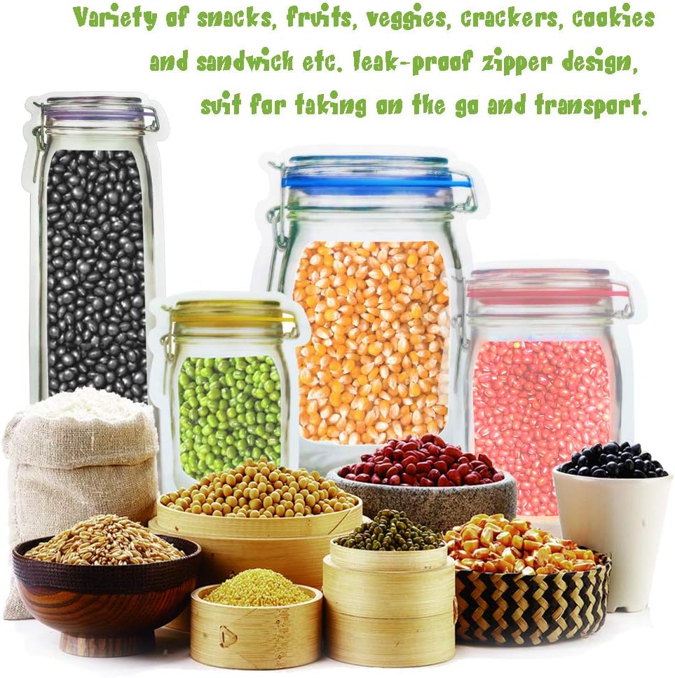 laffeya Candy Snacks Bag, Mason Jar Bags, 20 pack 1000ml 9.6x6.6inch Reusable Bags, Reusable Zip Bags Food Snack Storage Bag, Leakproof Snacks Zipper Sealed Display Bags