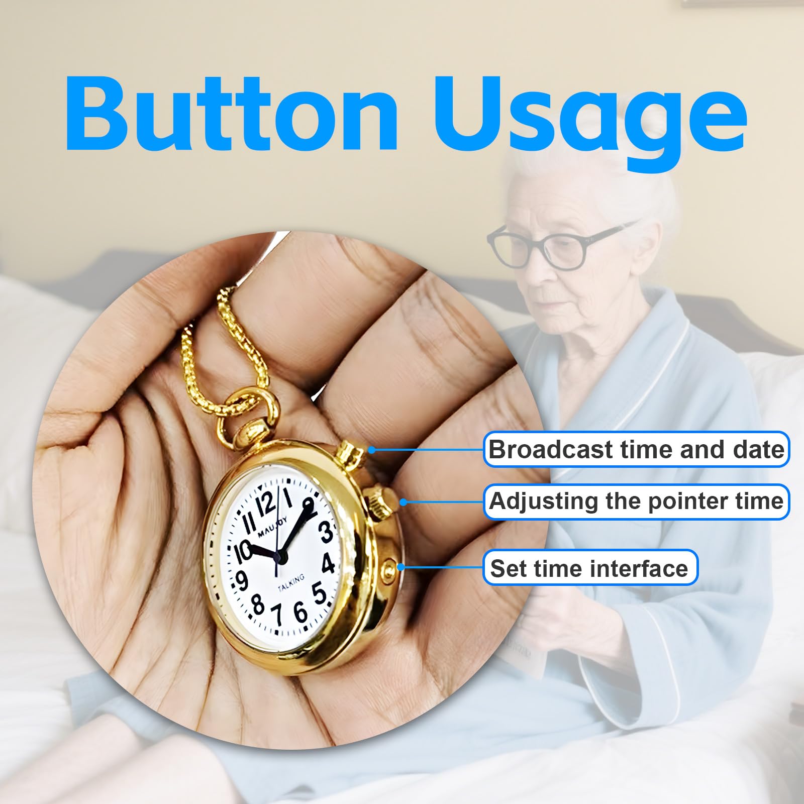 Sprechende Anhängeruhr mit großem Analog-Anzeige und kräftigen Zahlen, Anzeige von Uhrzeit, Datum und Tag oder Weckzeit, perfekt für Blinde, ältere Menschen oder Sehbehinderte, gold
