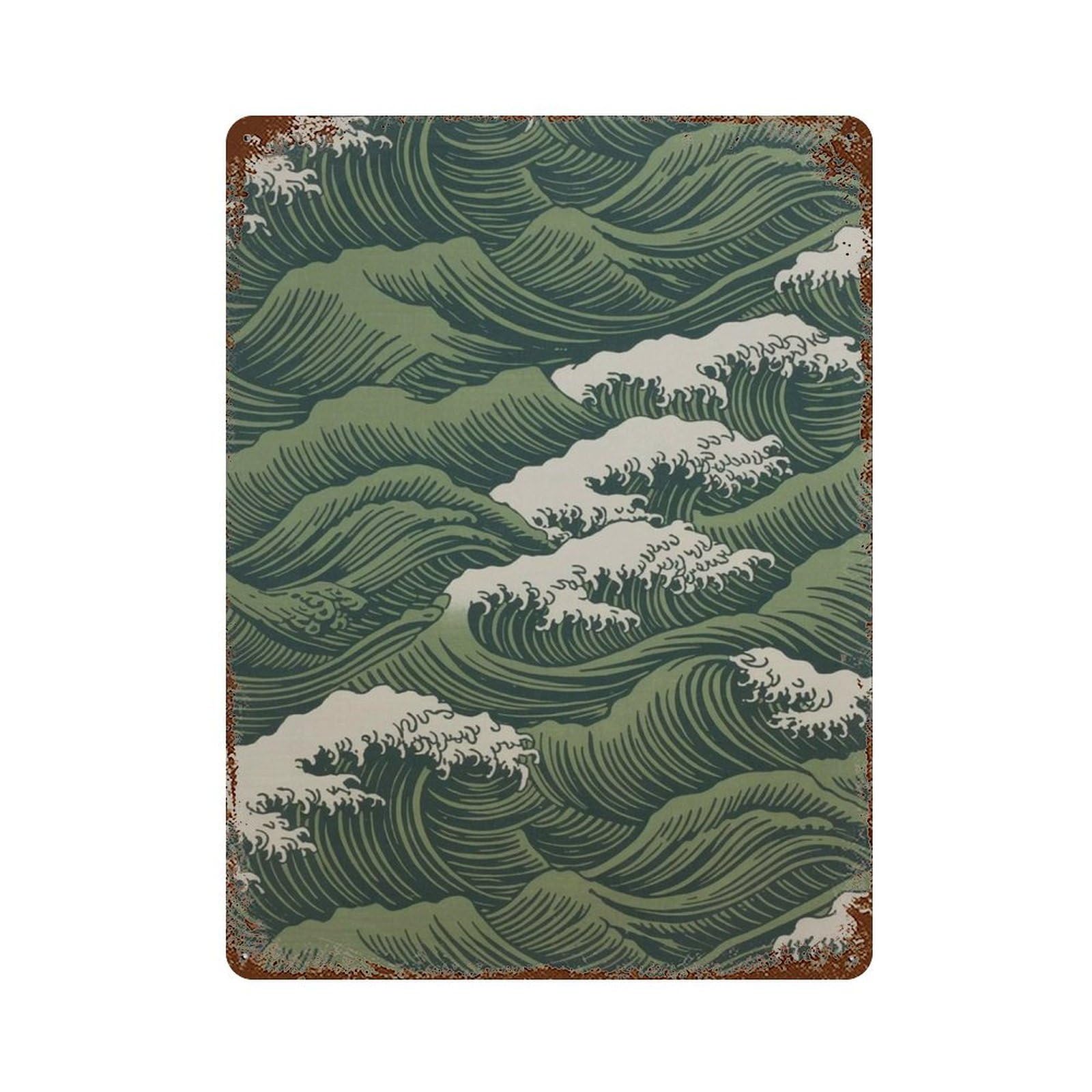 xiaoxiaoshen Japanese Ocean Waves Hokusai Style Asian Sea Work Zen Coastal Nautical Home Deco Wall Decor Art Metal Tin Poster Modern Home Decor Art Home Bar Shop Decorations Vintage Sign 40x30cm
