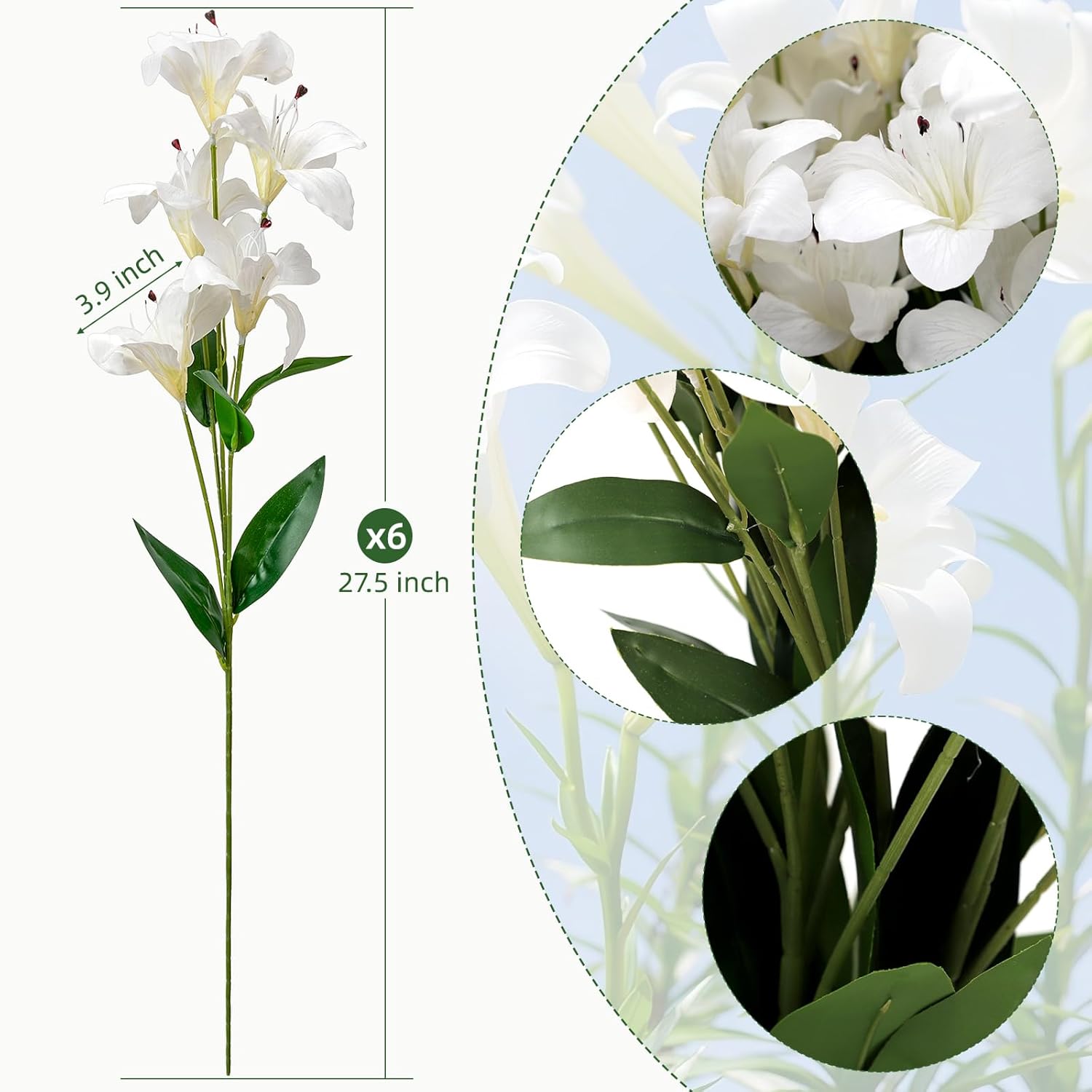 6PCS White Artificial Lily Flowers with 30 Head Vintage Silk Lilles Bouquet Fake Lillies Floral Arrangement for Home Decor Indoor Wedding Party Decor (White)