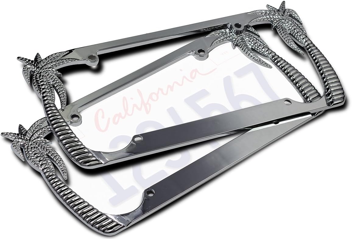 OxGord Coconut Palm Trees Chrome Metal License Plate Frame, 2pc