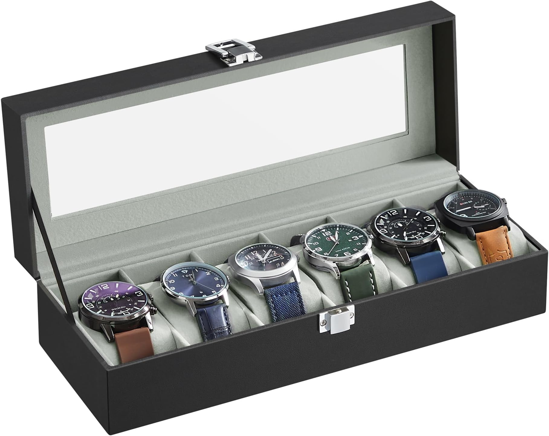 SONGMICS Watch Box with 6 Slots, Watch Case with Glass Lid, Watch Display Box with Removable Watch Pillows, Metal Clasp, Gift Idea, Black Synthetic Leather, Greenish Grey Lining JWB06BK