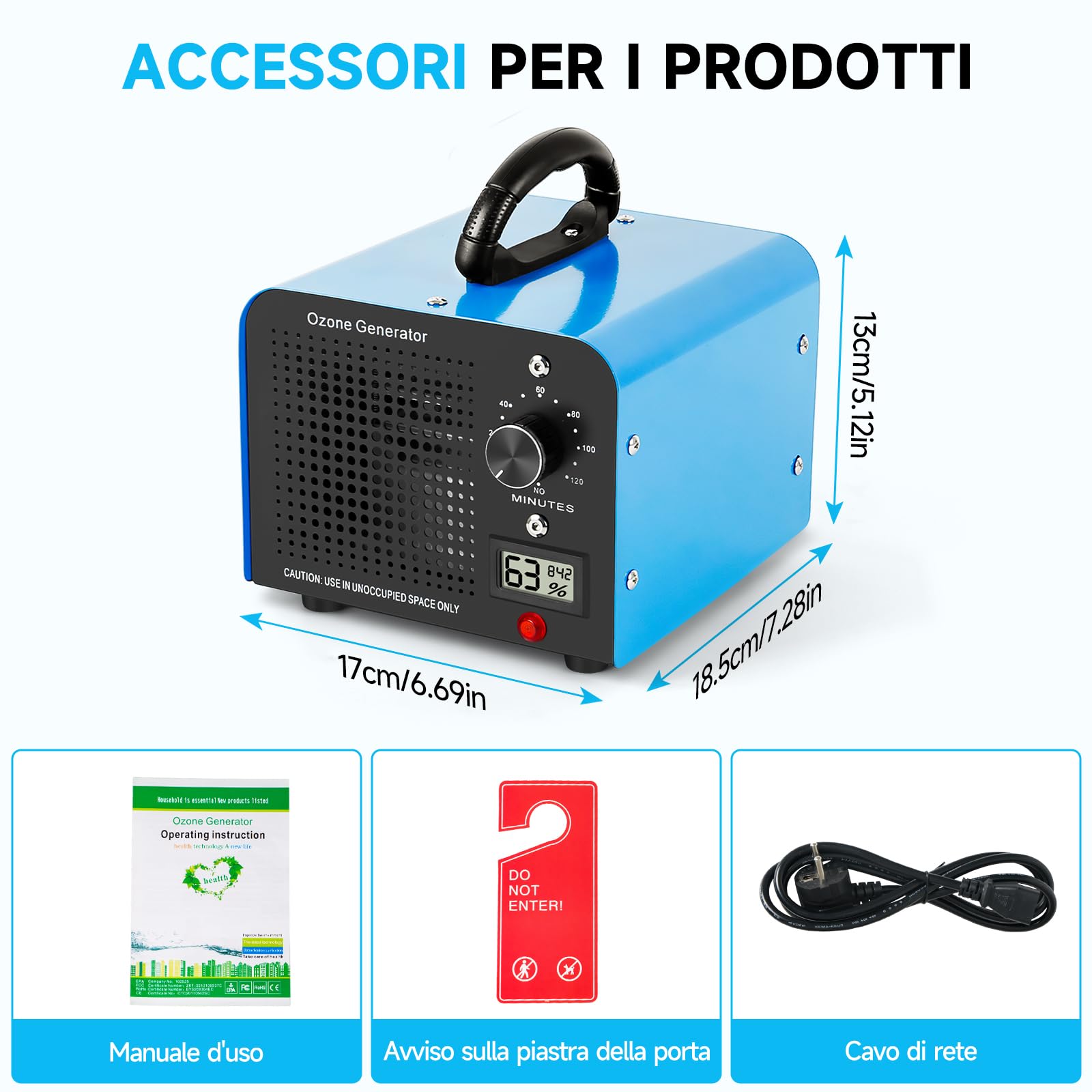 Generatore di Ozono 60000mg/h, Purificatore d'Aria Ozono con Display della Temperatura e Dell'umidità e Timer da 120 minuti, Ozonizzatore per Auto, Casa, Fumo, Odori di Animali Domestici e Cucina