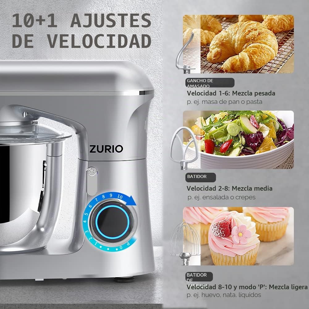 Zurio Batidora Amasadora 1300w, Amasadora de Pan Para Repostería 5.5L, Bol de Acero Inoxidable, Varillas Batidoras, Varillas Amasadoras