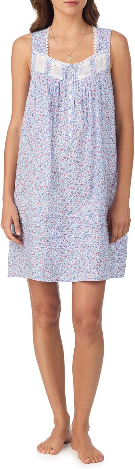 Eileen West Womens Sleepwear & Loungewear - 100% Cotton Woven Lawn Collection - Lightweight 36" Sleeveless Chemise Nightgown
