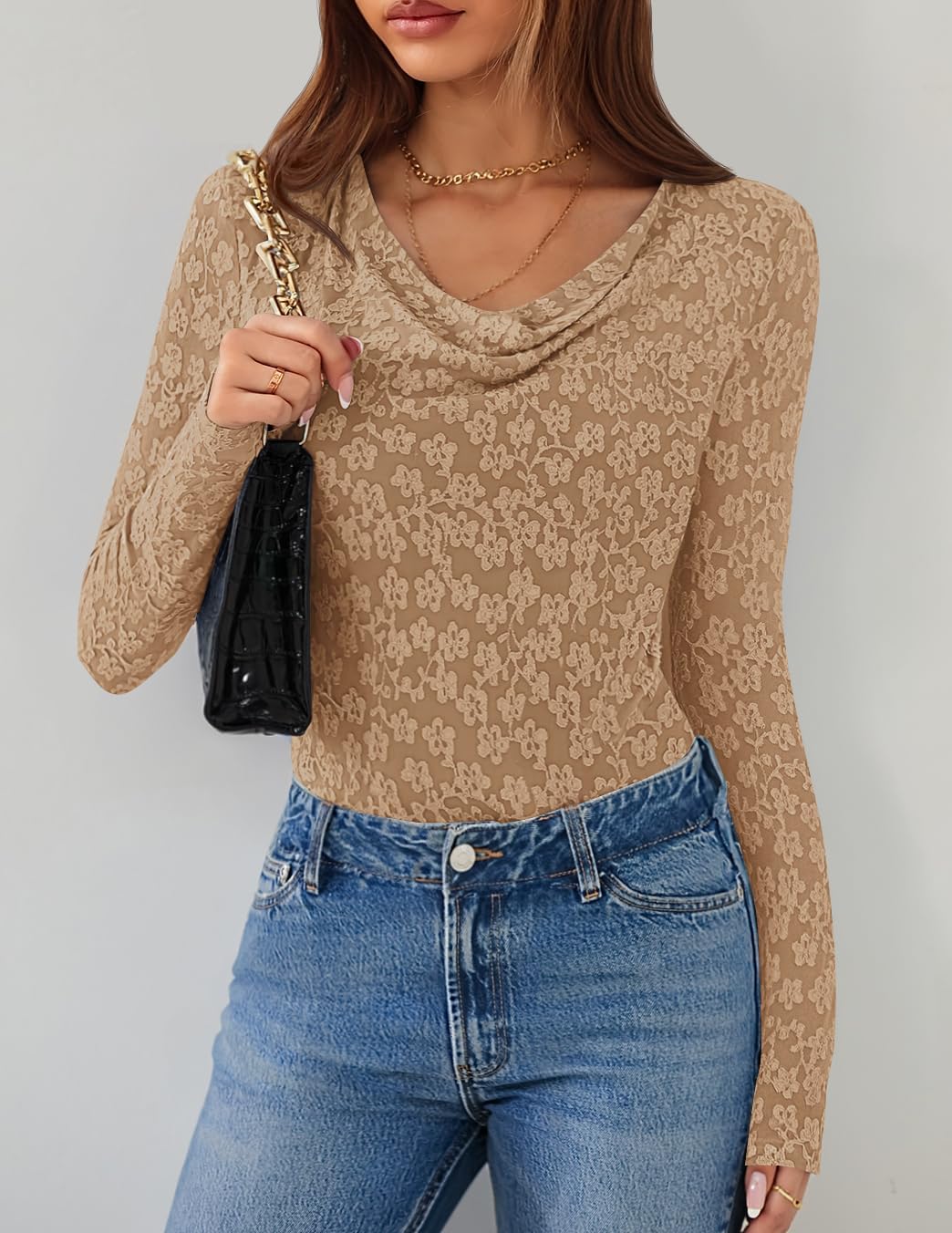 ZESICA Women's Long Sleeve Floral Tops Cowl Neck Slim Fit Going Out Shirts 2026 Spring Fashion Outfits Clothes - Image 2