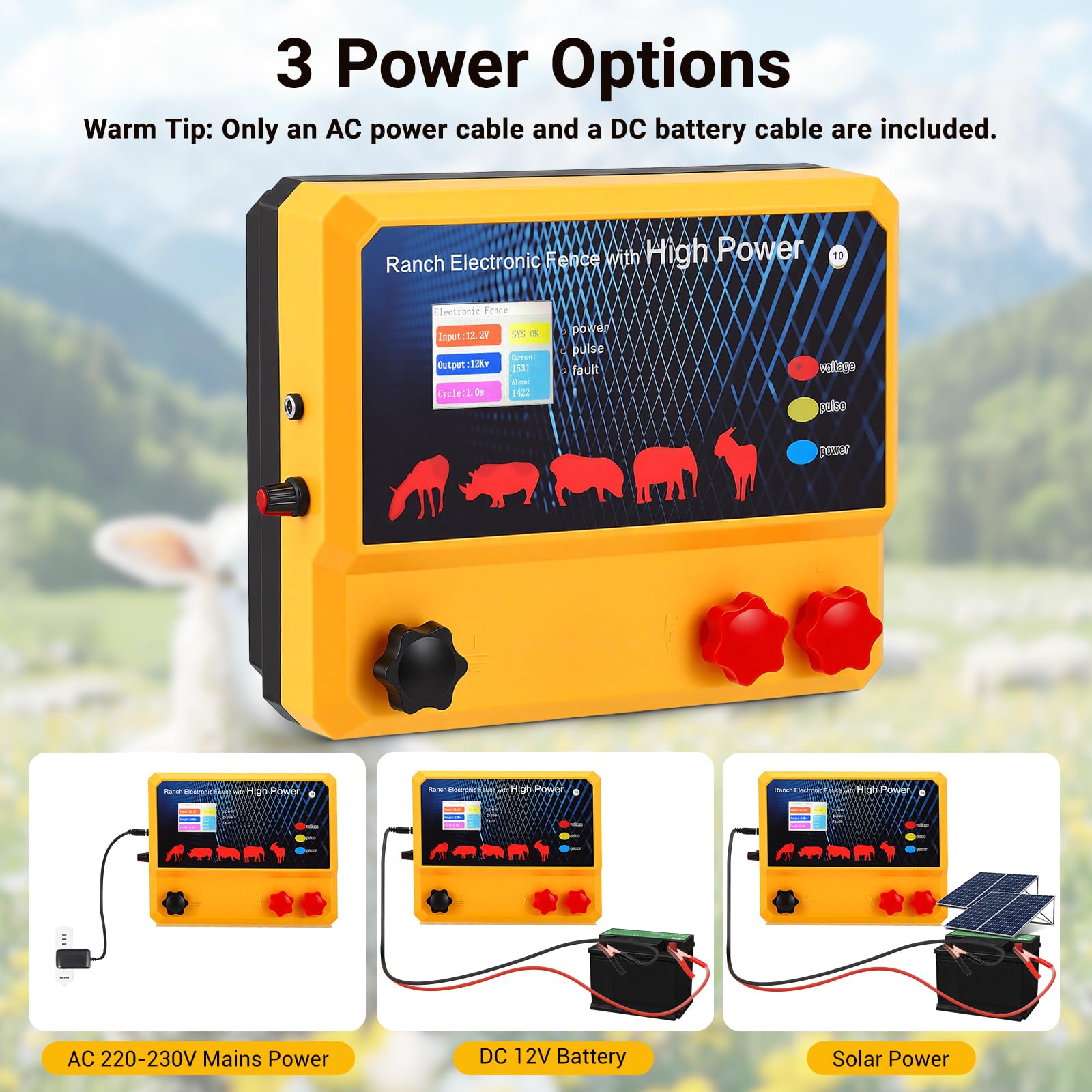 Valla eléctrica de 8-15 kV, potencia de 4 J, 30 km de alcance, 230 V/12 V de energía solar, IP67, alarma inteligente, valla eléctrica para animales de granja y defensa de depredadores