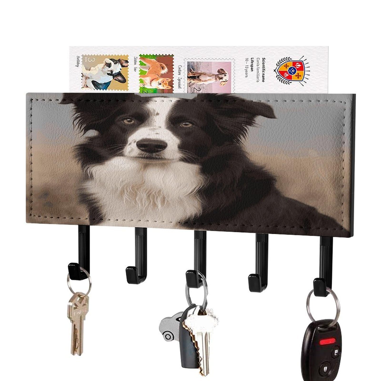 Vstadank Black-Style Border Collie Key Holder For Wall Key Holder Wall Mount Adhesive With Mail Organizer Tray Adhesive Metal Key Rack With 5 Hooks Hanger Pu Leather Key Hanger For Entryway