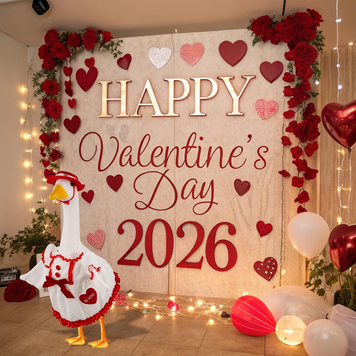 Valentine's Day White Dress Goose Outfit Valentine Heart Pattern Costume Cute Goose Clothes for 23" H Plastic and Cement Statue Garden Lawn Patio Outdoor Decoration