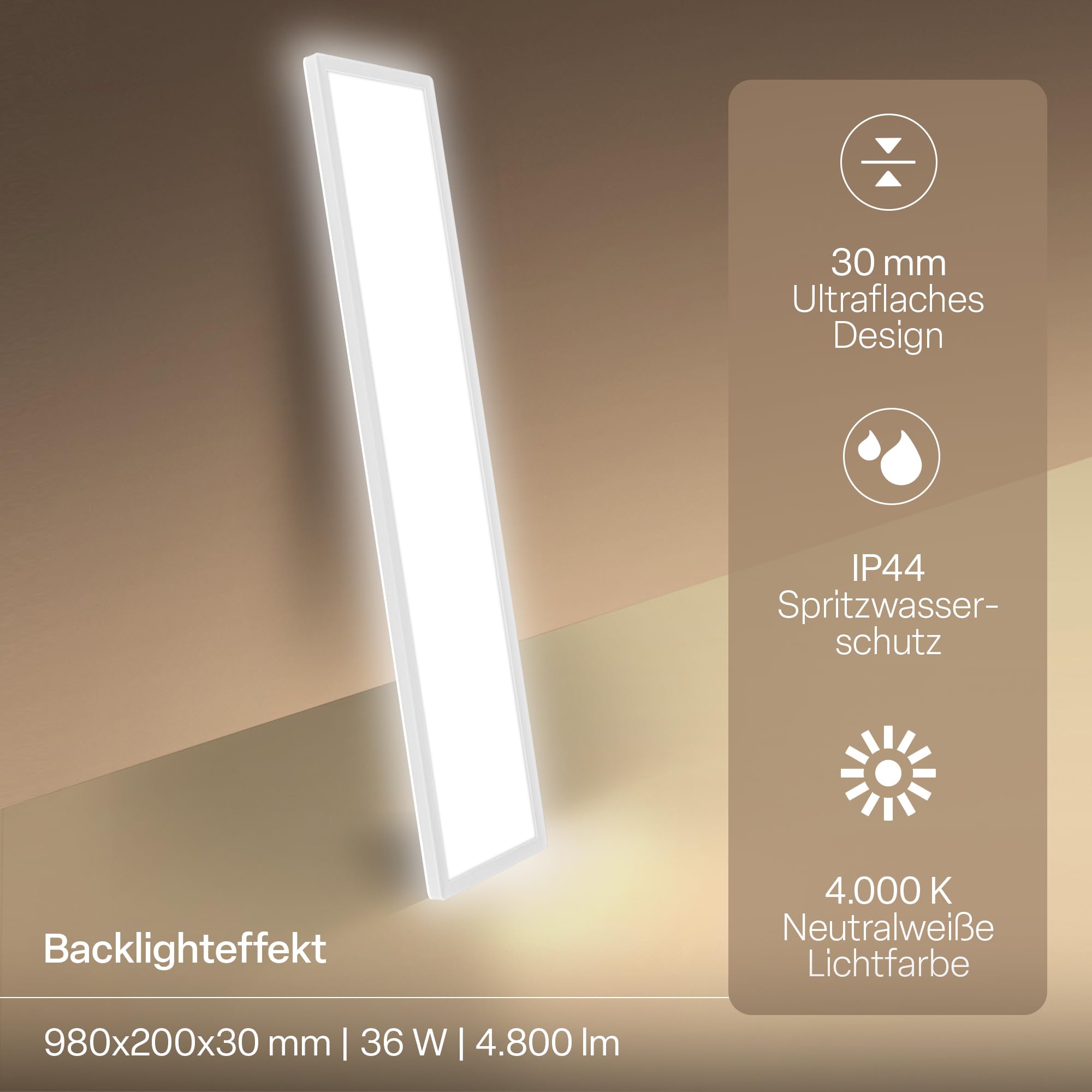 B.K.Licht - Lámpara LED de techo con luz indirecta, plana, luz blanca neutra, IP44, panel, lámpara LED, lámpara de techo, lámpara de baño, lámpara de salón, lámpara de cocina, 98 x 20 x 3 cm, blanca