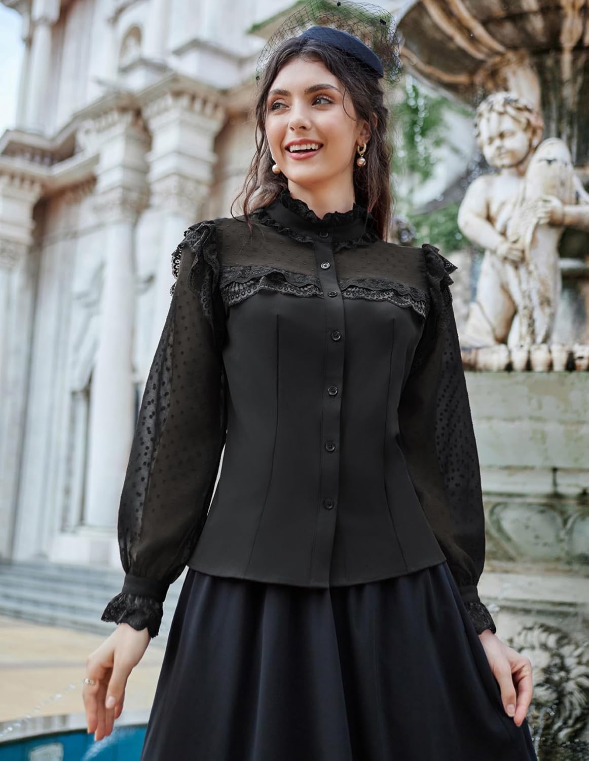 Scarlet Darkness Women's Victorian Lace Tops Polka Dot Button Down Long Sleeve Shirt - Image 6