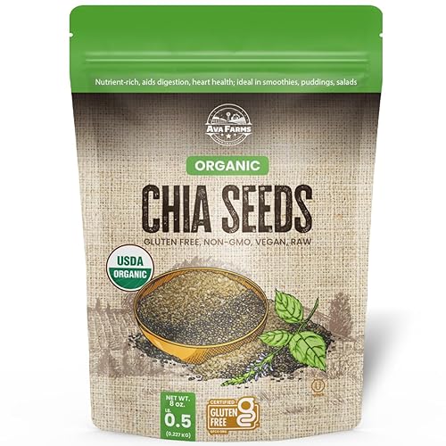 AVA FARMS Semillas de chía orgánicas, 8 onzas, sin gluten, sin OMG, Kosher, aptas para dieta cetogénica, semillas veganas para pudín de chía,