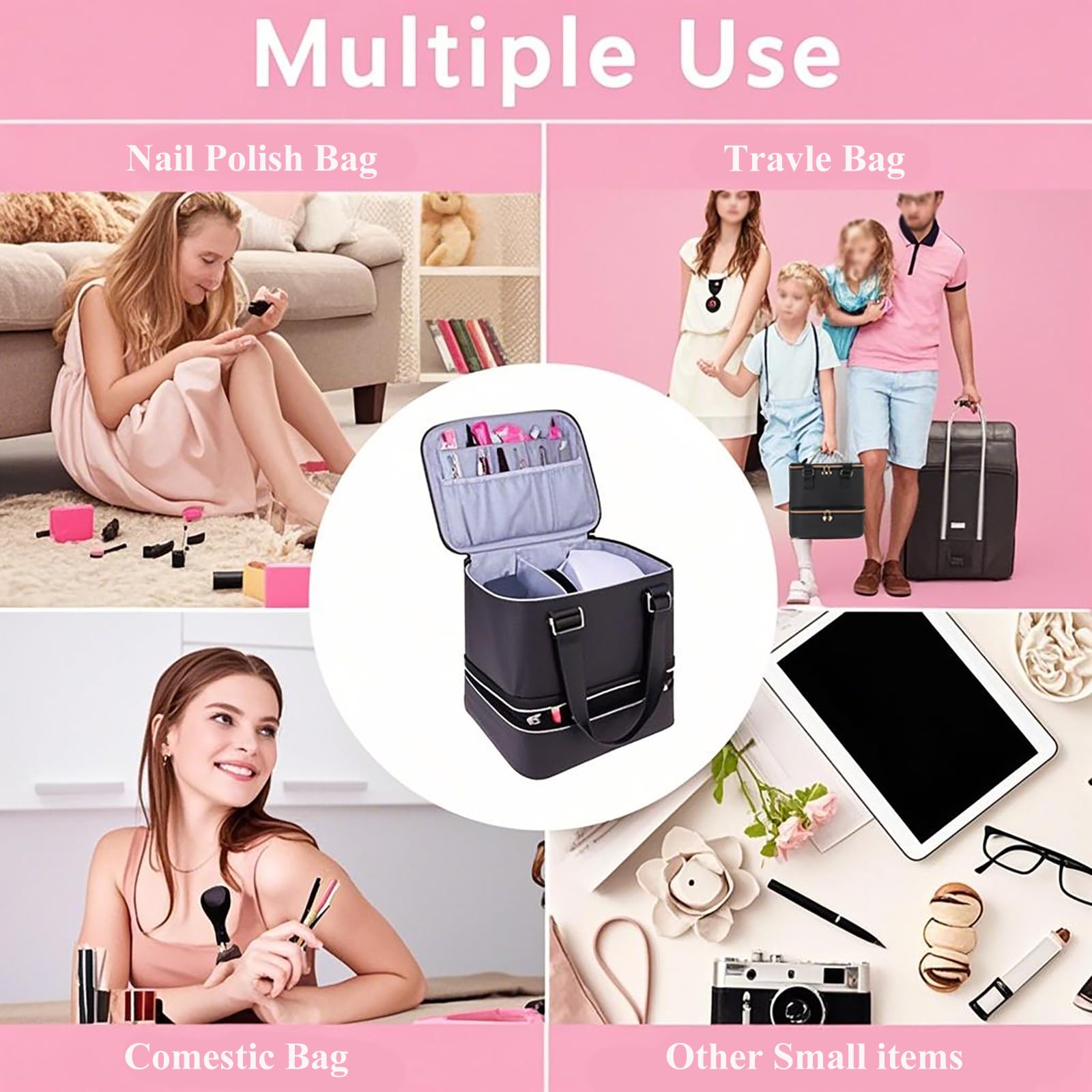 FAMKIT Oje Organizatörü, Çift Katmanlı Oje Kılıfı, 30 Şişe ve Bir Tırnak Lambası Tutar, Taşınabilir Oje Tutucu, Ayarlanabilir Bölücülerle, Tırnak Sanatı Araçları için, siyah, moda