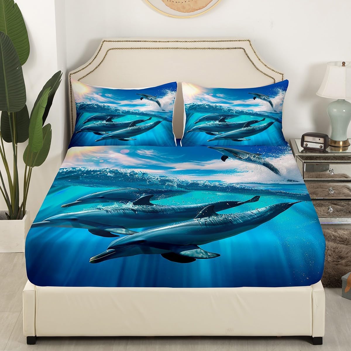 Cute Dolphin Bedding Set Twin Size Dolphin Jumping Bed Set for Girls Teens Bedroom Decor Kids Sea Animals Fitted Sheet Soft Microfiber Blue Ocean Wave Bed Cover(1 Fitted Sheet+1 Pillow Case)