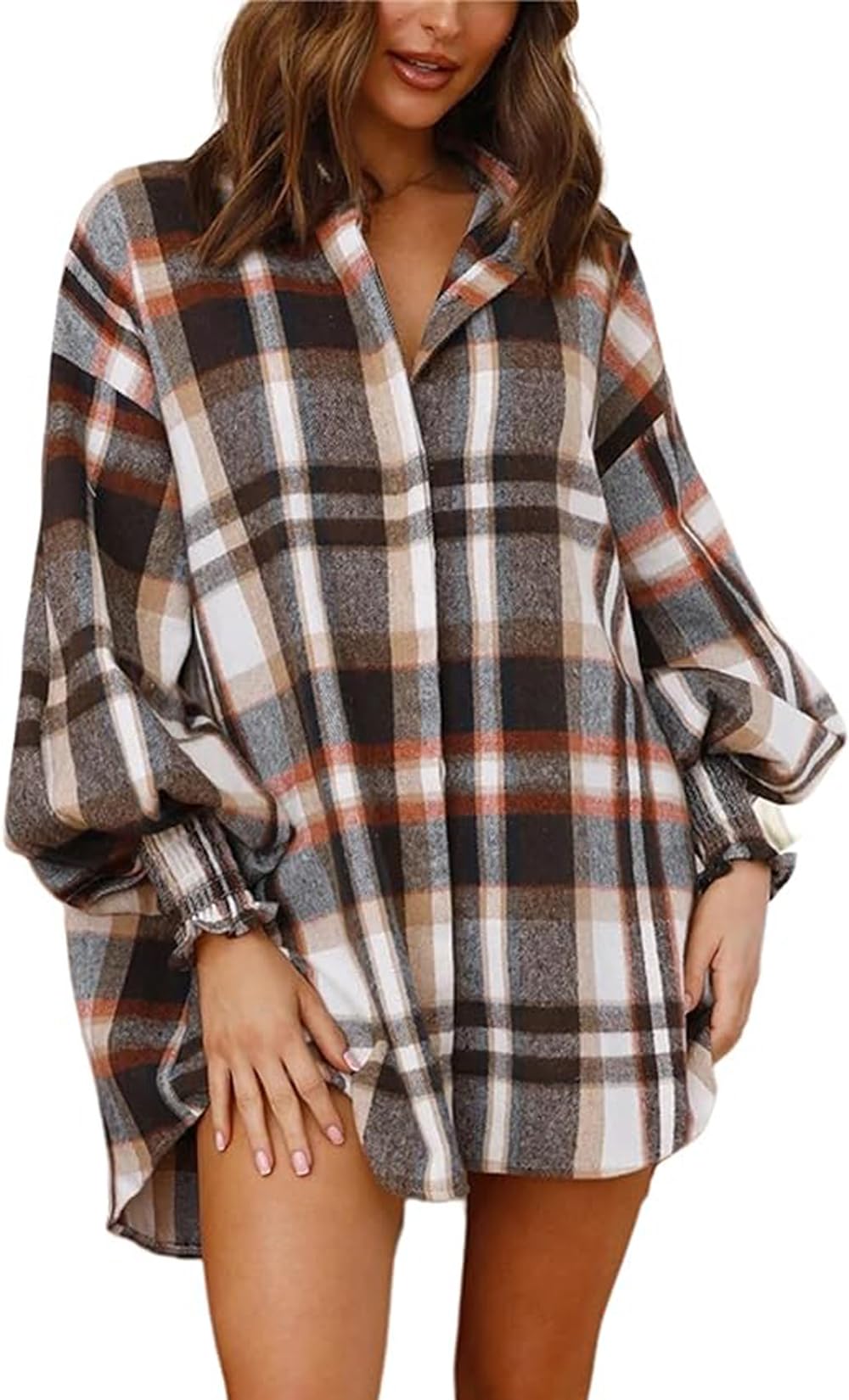 Womens Flannel Dress Long Lantern Sleeve Button Down Casual Plaid Shirt Dress Oversized Blouse Tops