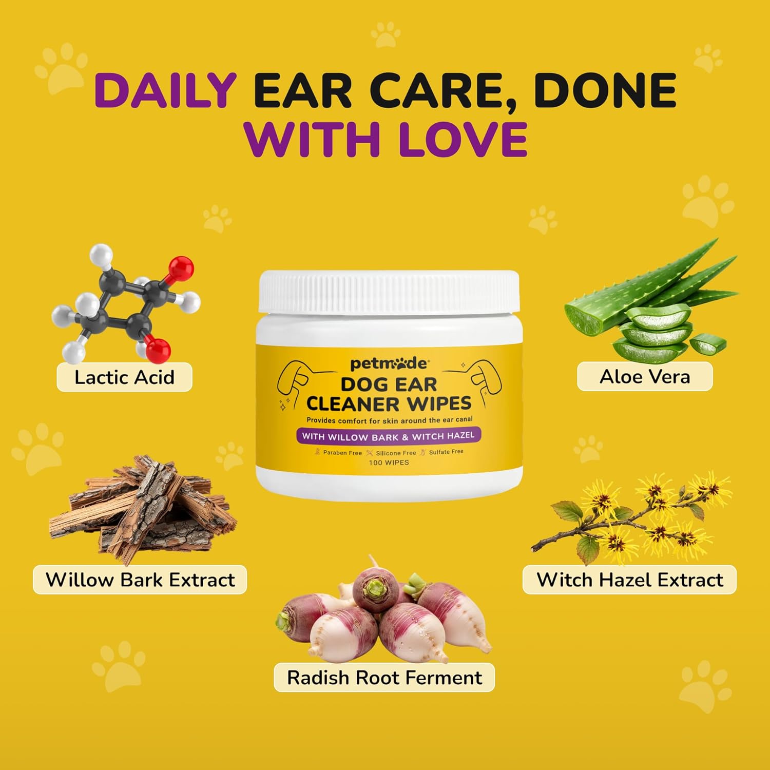 Dog Ear Cleaner Wipes - Cleaning Wipes for Puppies - Dirty, Smelly & Itchy Ears - Non-Irritating Removal of Buildup, Dirt & Wax- with Witch Hazel, Willow Bark, Aloe Vera & More - 100 Count