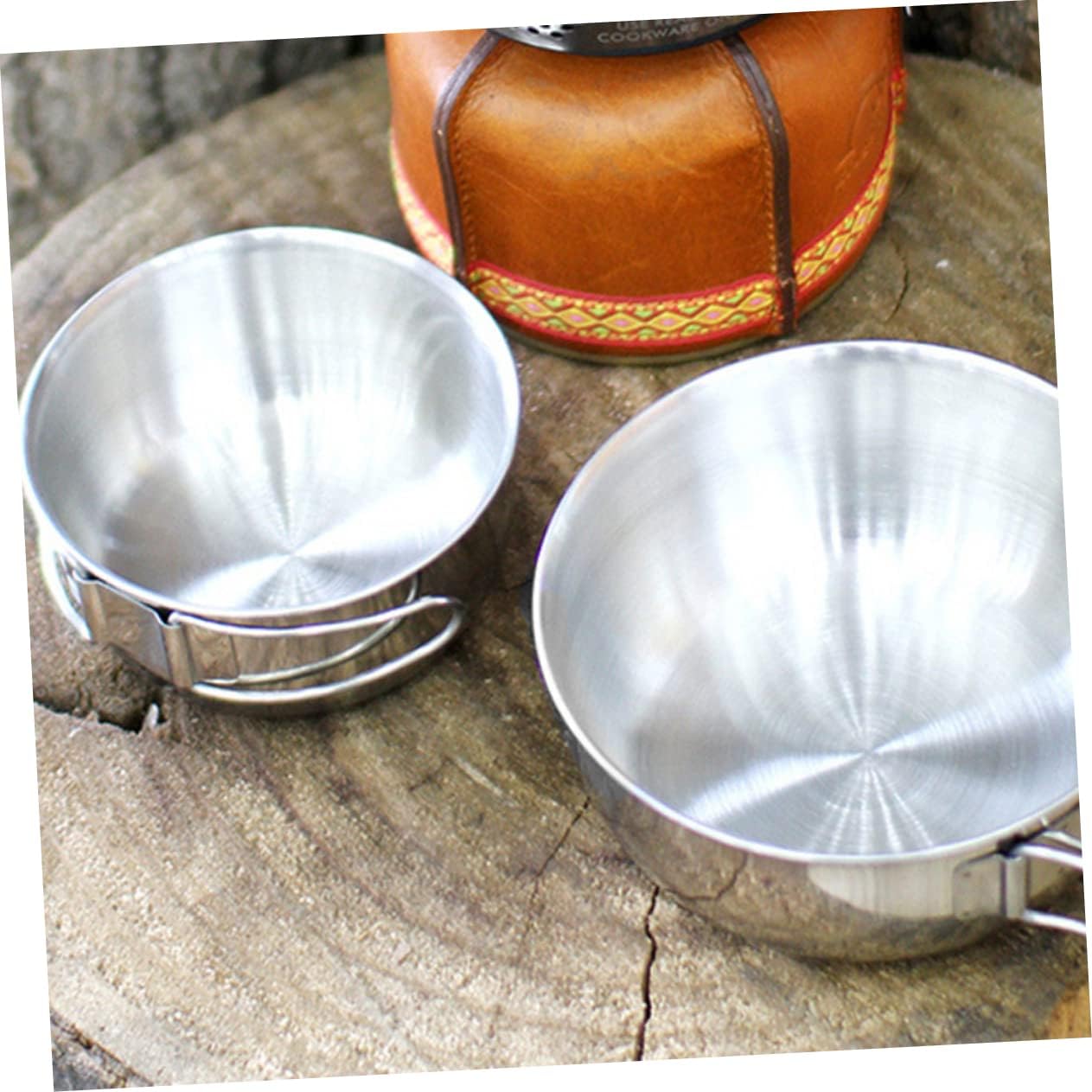 VANZACK 3Pcs Camping Tableware Bowl with Foldable Handles and Mesh Storage Bag Stainless Steel Bowls for Hiking Picnic Bbq Outdoor Travel