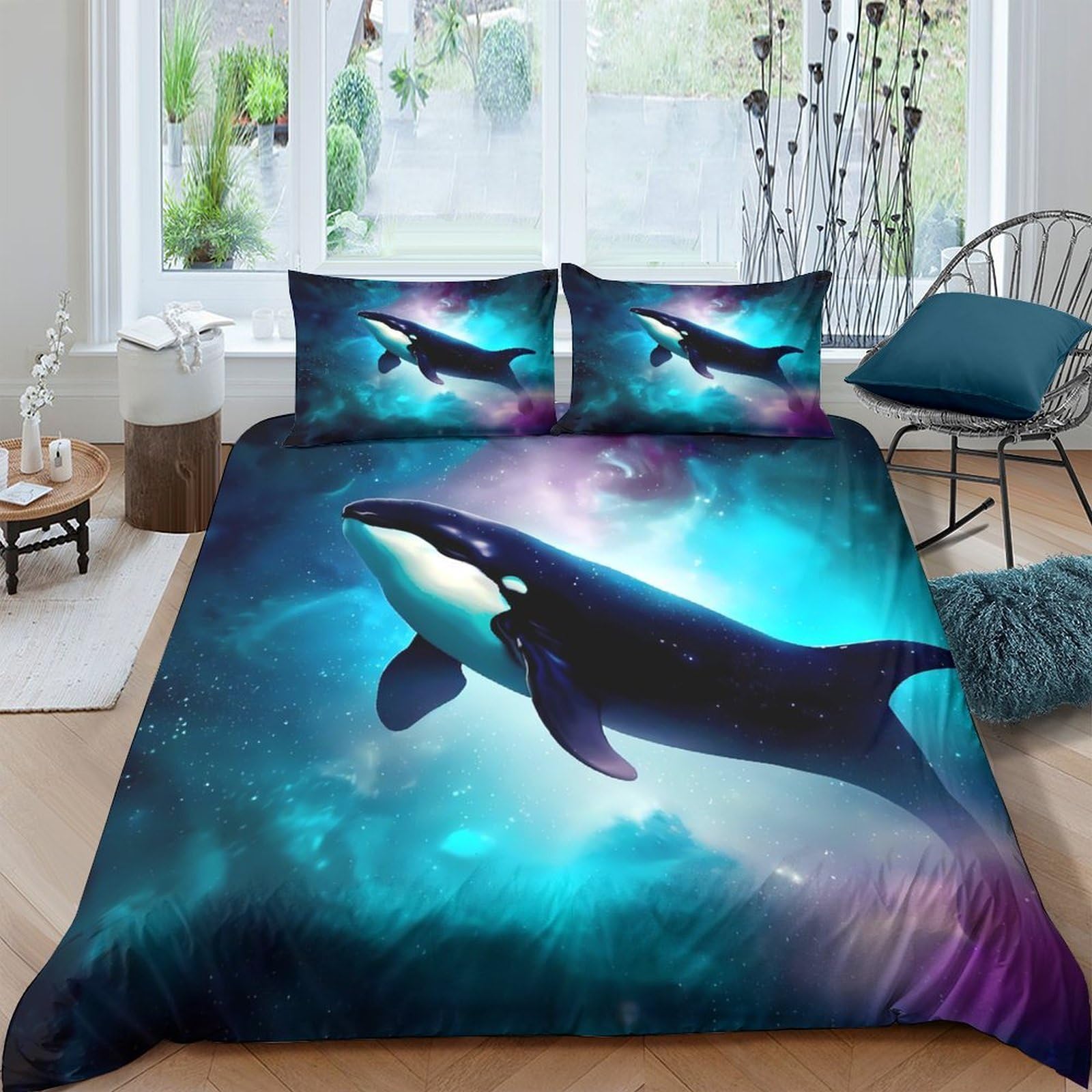 GPLZQXKJNH 3D Printed Ocean Whale Duvet Cover Microfiber Soft Breathable Aurora Bedding Set with 2 Pillowcases for Bedroom Decor Single（135x200cm）