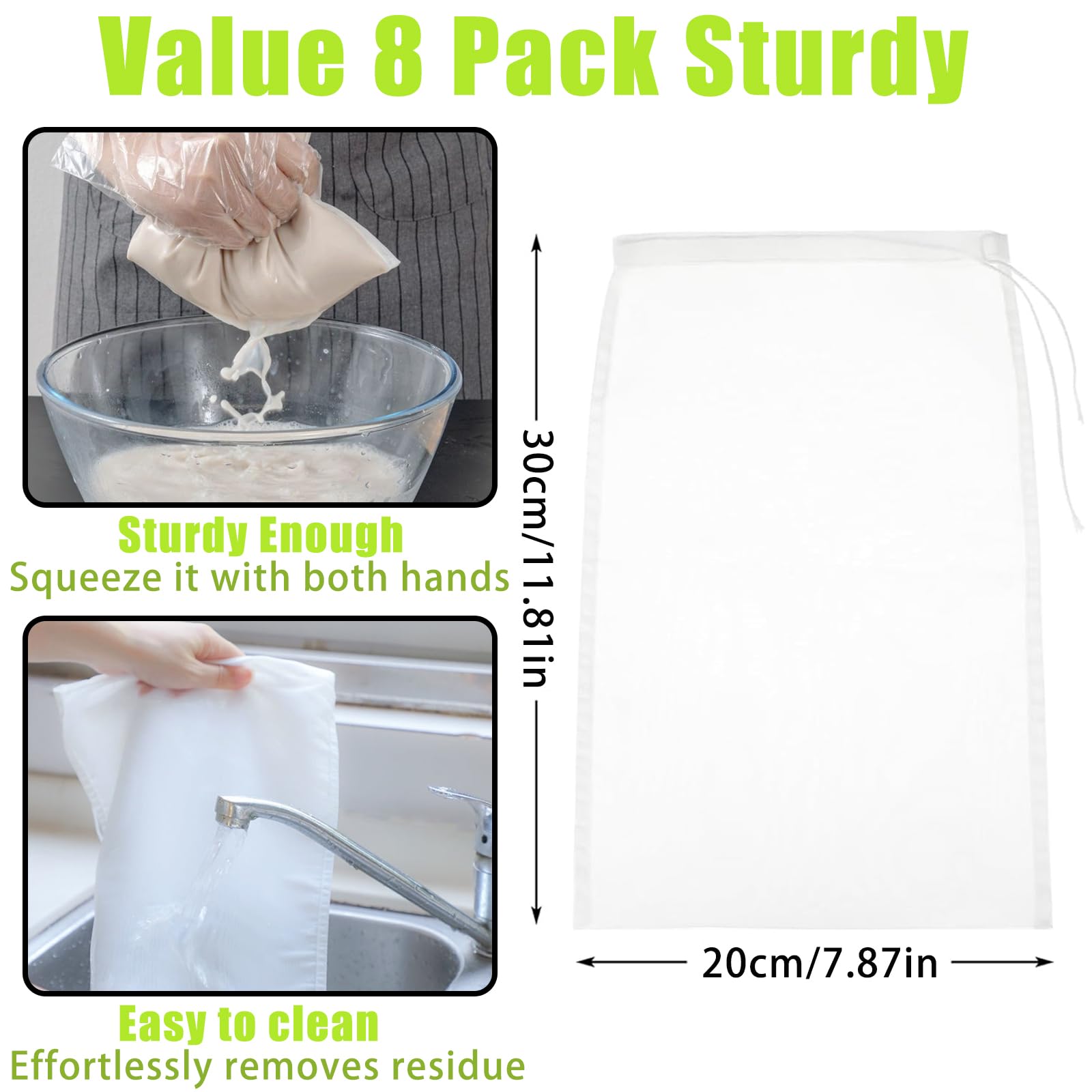 Sacchetti Filtro Per Latte Vegetale - 8PCS 30x20cm Riutilizzabili Per Mandorle, Noci, Formaggio E Succhi - Foto 8