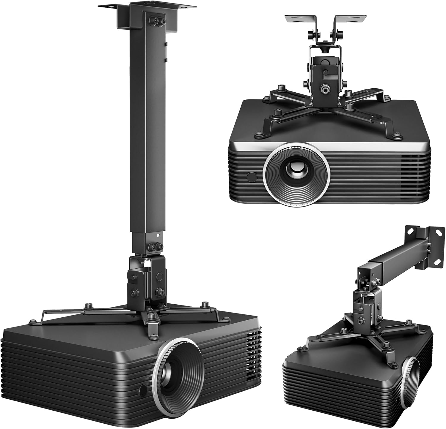 PEGZONE Projector Ceiling Mount with Extension Pole, Wall&Ceiling Adjustable Bracket 3-in-1, Universal Projector Holder for Home Theater & Office, 44lbs, Compatible with Epson/Optoma, Black