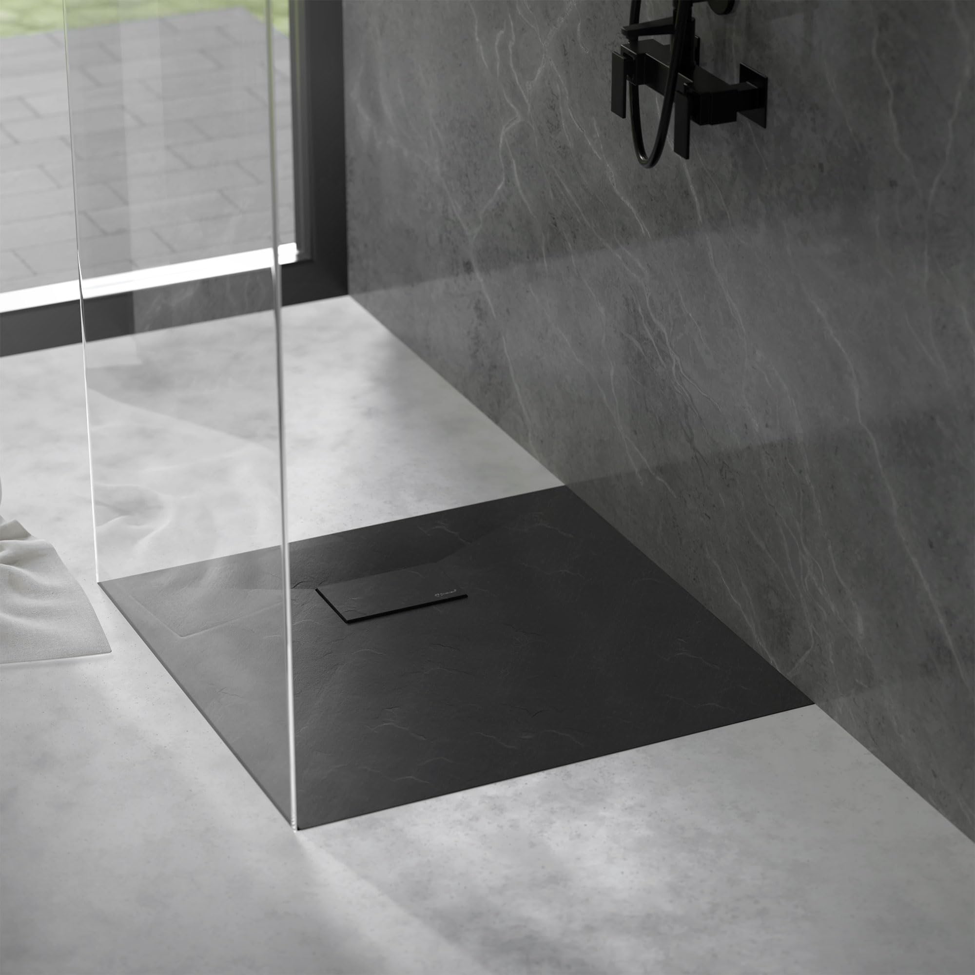 LuxeBath Plato de Ducha 80x80cm Negro, con Juego de Desagüe Base Rectangular con Superficie Antideslizante y Antibacteriano en Aspecto Pizarra Altura 30 mm SMC Extraplano y Robusto, Fácil Instalación