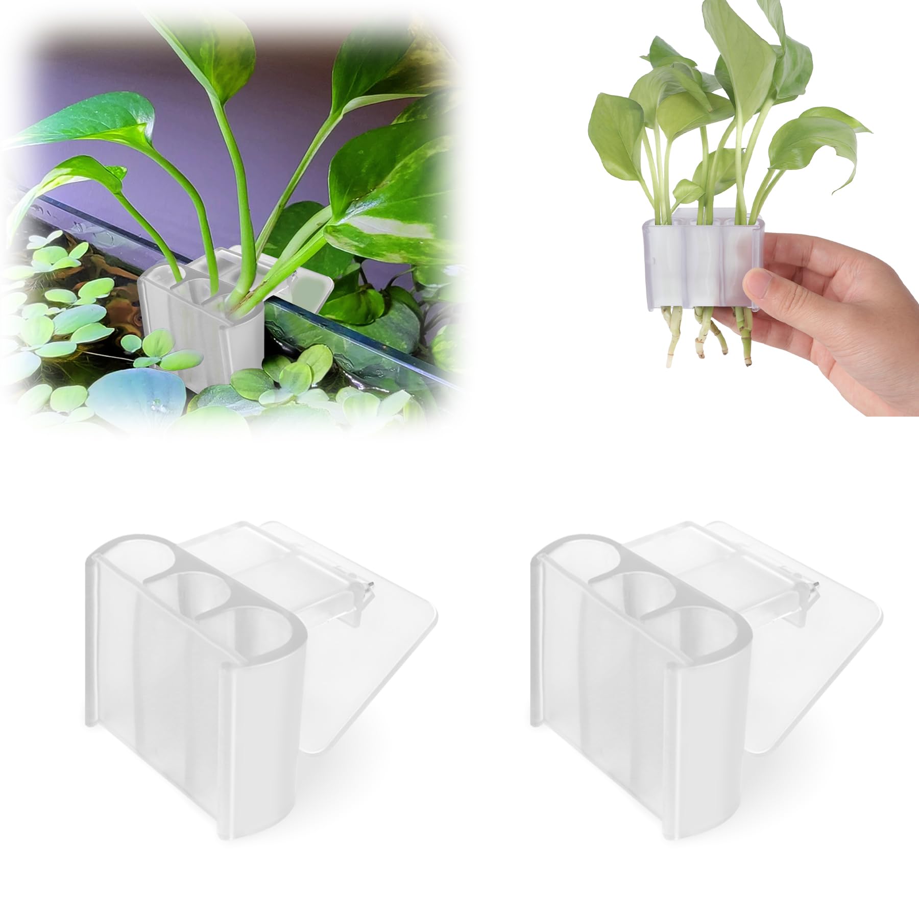 2 Pk Upgraded Aquarium Plant Holder, 3-Hole Hanging Aquarium Plant Holder with Clip, Suitable for Fish Tank Plant Potting, Aquarium Decoration, White