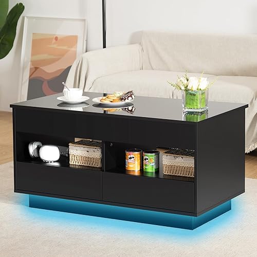 Miniatura 9 de HOMMPA Morden - Mesa de centro elevable con LED de almacenamiento, mesa de centro negra de alto brillo, mesa de té moderna de 4 niveles con mesas