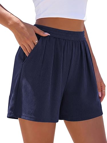 PRETTYGARDEN Womens Shorts Casual Dressy High Waisted Wide Leg Ruffle Comfy Sleep Lounge Shorts Summer Beach Clothes (Navy Blue, Small)