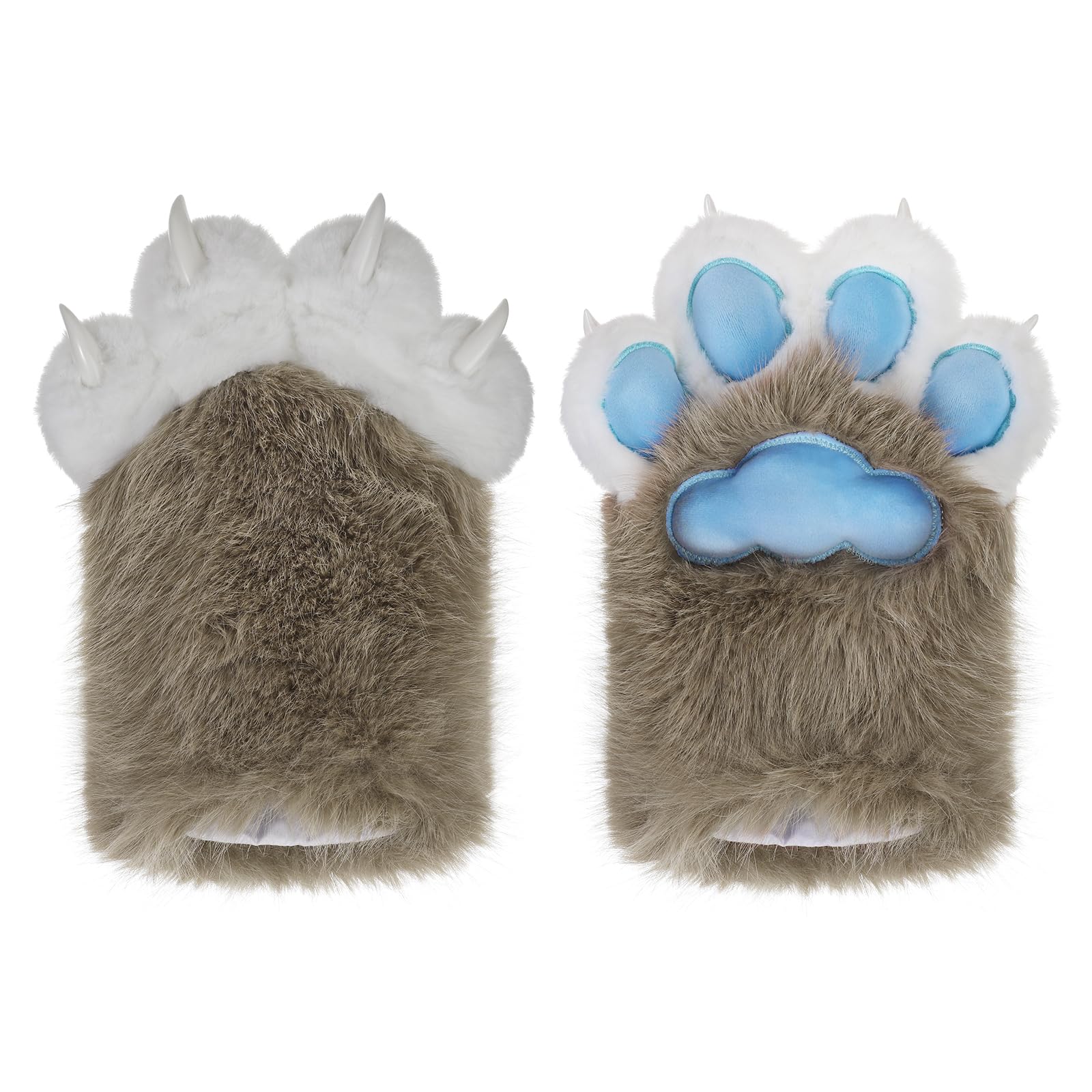 HKSICHENGKEJIUK Cute Cat Paw Gloves Squeaky Furry Cat Claw Mittens Fluffy Faux Fur Animal Paw Hand Gloves for Cosplay Costume Lolita Party Fancy Dress Party Warm Handwear for Women (Brown+Blue)