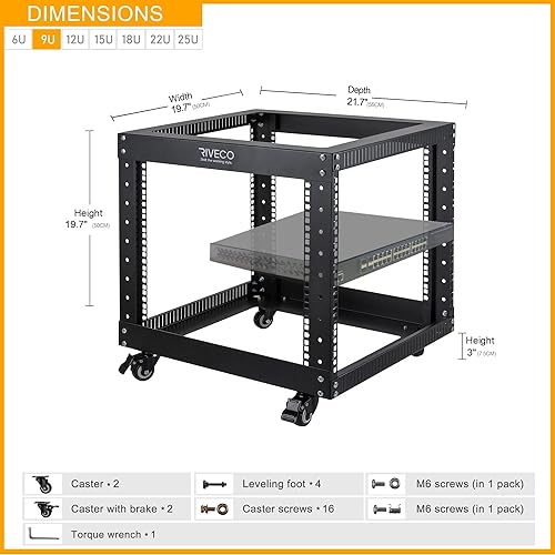 Miniatura 8 de RIVECO - Rack de 12U para servidores con ruedas de montaje rápido de 4 postes de 19 pulgadas, estante de datos para red, resistente color negro