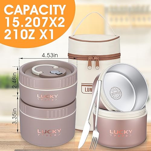 Miniatura 2 de Juego de 3 recipientes de almuerzo aislados portátiles para adultos, caja Bento apilable de acero inoxidable para comida caliente con bolsa de