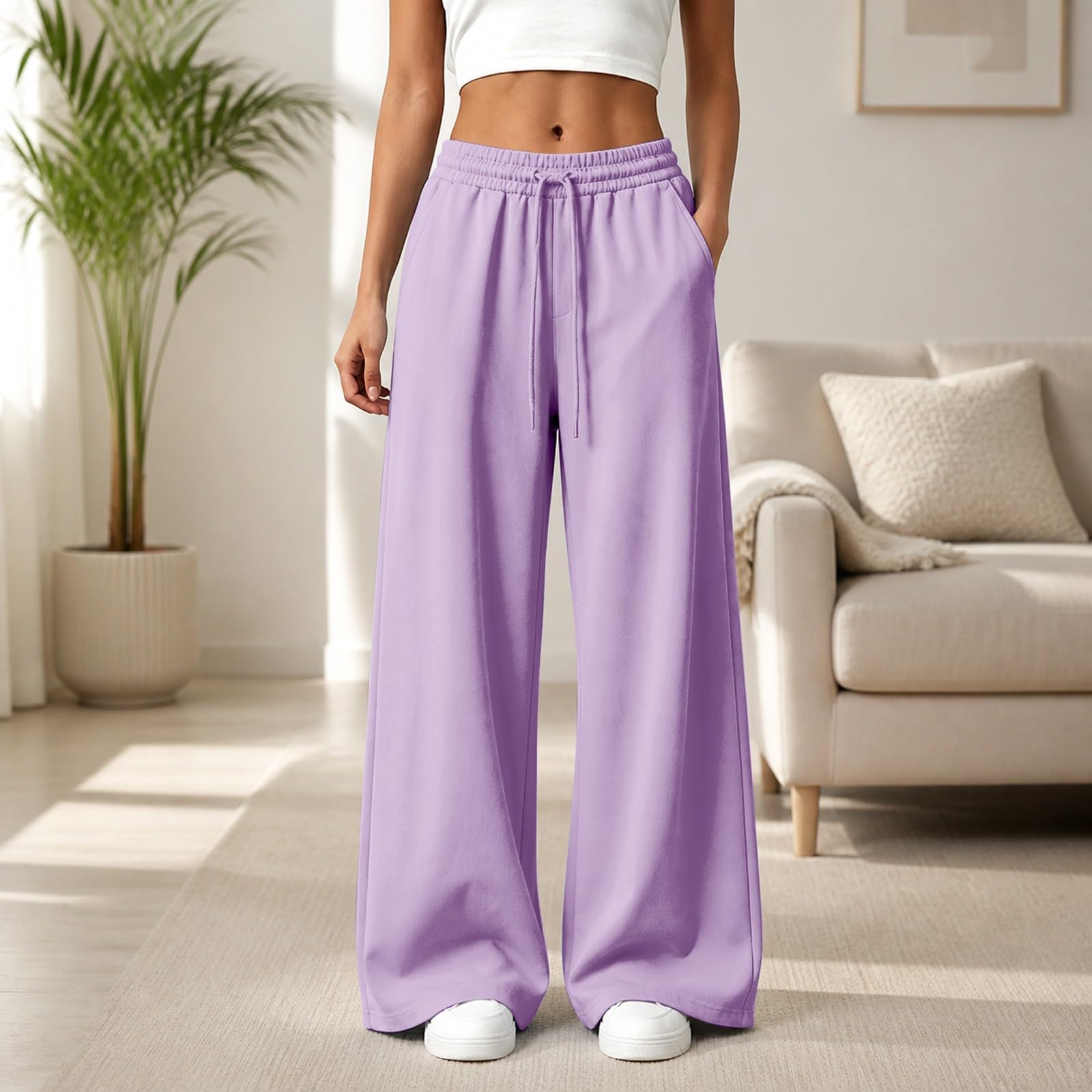 Pantalon Large Femme Doublé Polaire Taille Élastique À Cordon Avec Poches