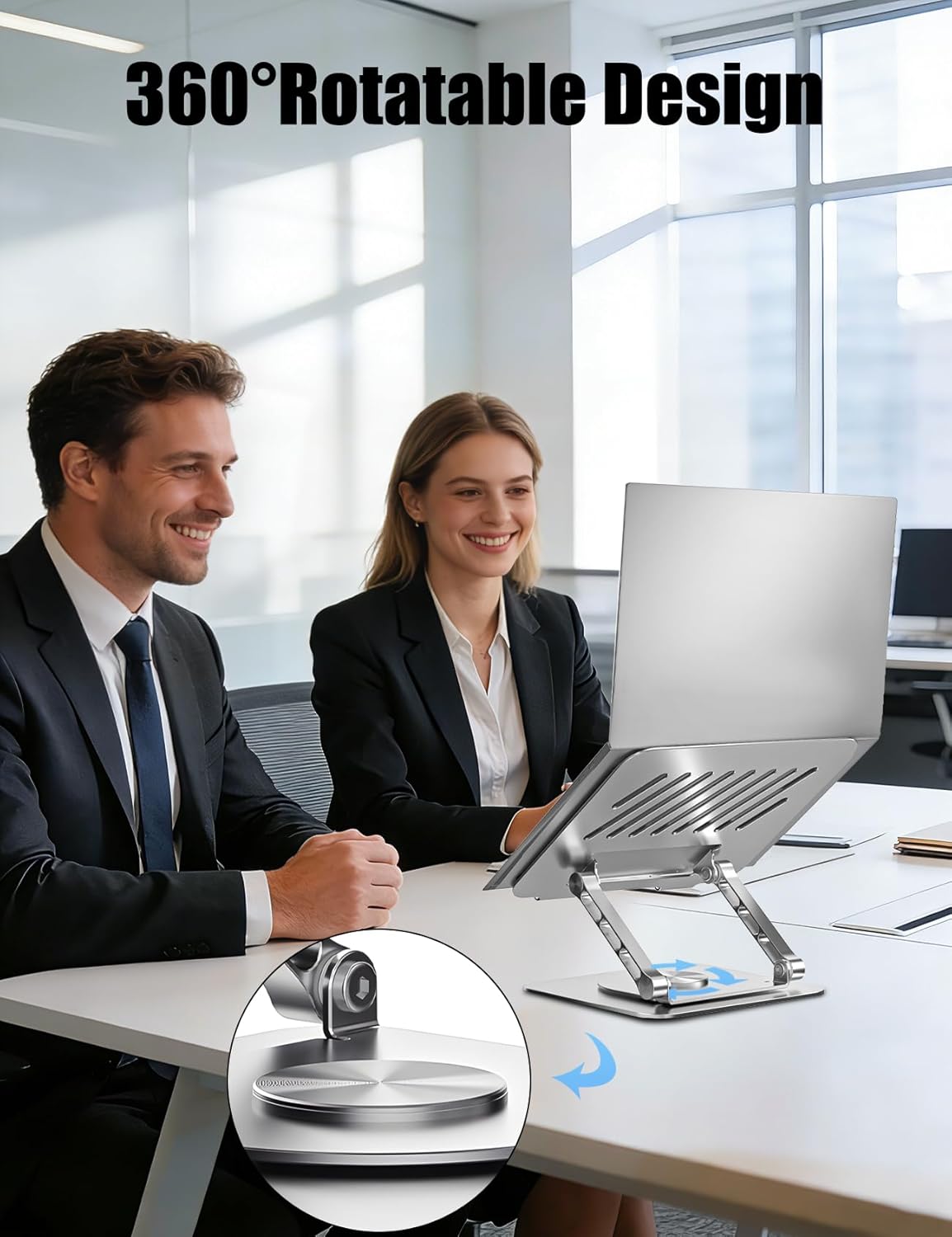 Adjustable Computer Stand with 360 Rotating Base, Ergonimic Foldable Laptop Riser for Desk Compatible with MacBook Pro/Air Notebook up to 16 Inches, Silver