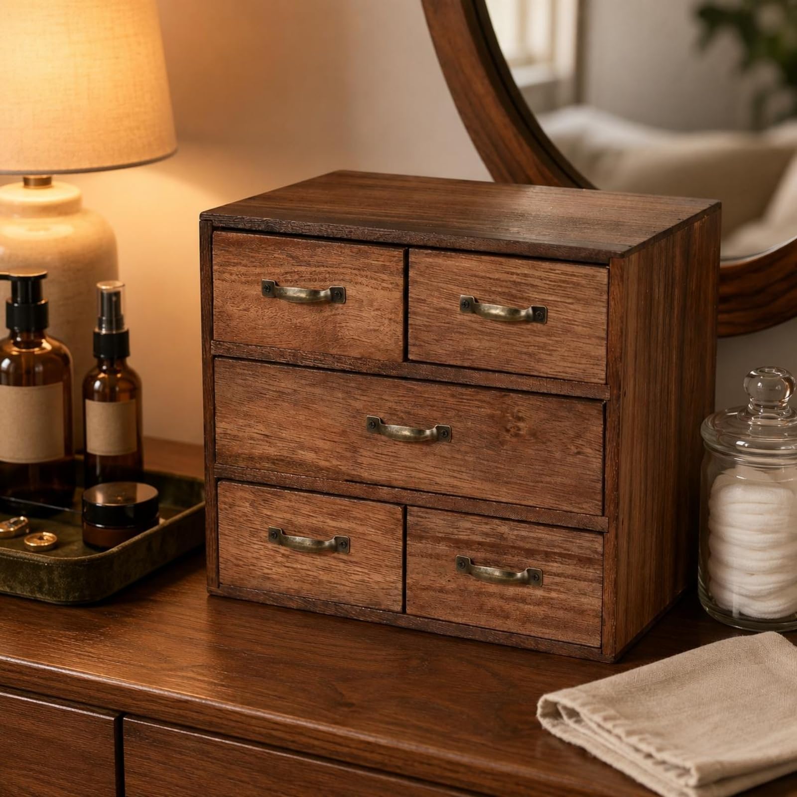 Cassettiera da Scrivania in Legno Massello Organizer Cassettiere Schedario Cassetti Portadocumenti Porta Ufficio 5 Vani Separazione Oggetti Piccoli Accesso Facile Adatta a Scrivanie Casa