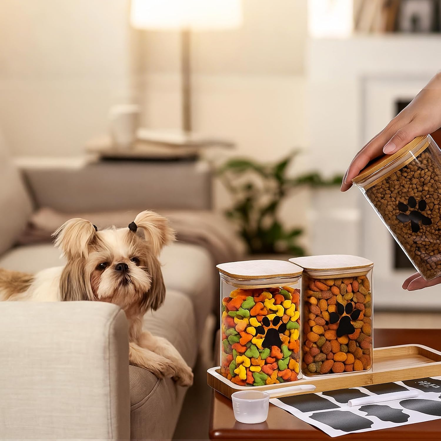 Honeydak Dog Treat Container for Countertop 37oz Airtight Glass Dog Food Storage Container Set with Bamboo Lids Pet Food Organizer with Scoops, Labels, Pen