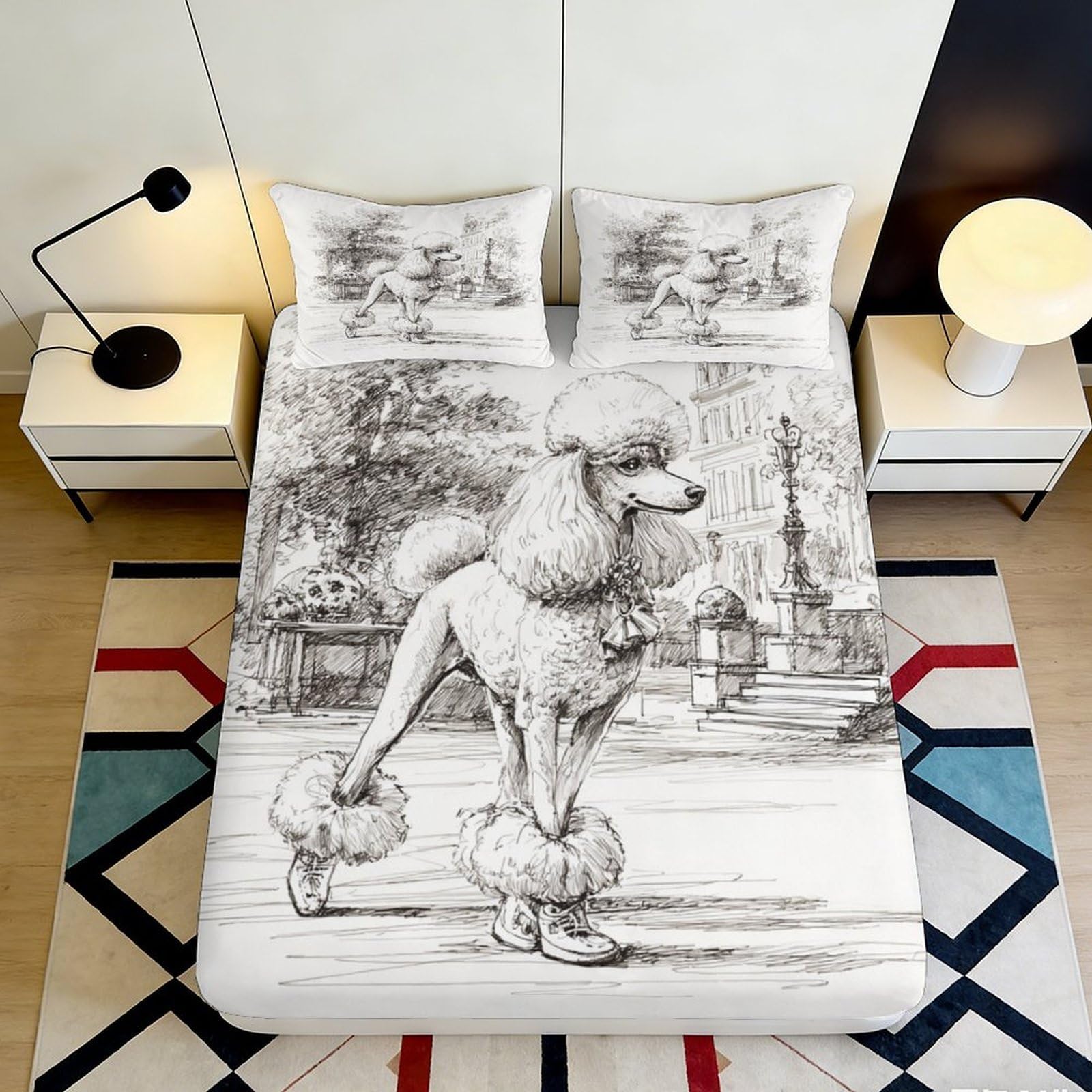3D Printed Vintage Poodle Art Fitted Sheet Microfiber Soft Mattress Cover for Bedroom Guest Room Dorm Decor 90x200x25cm