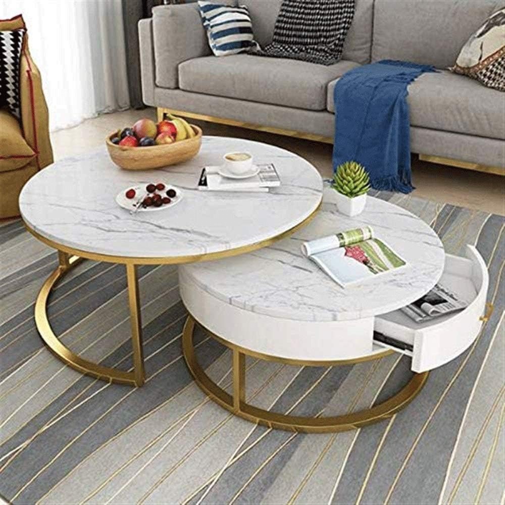 Side Table Bedside Tables Side Table Round Coffee Table for Living Room Set of 2 Nest of Table Sofa Side End Table with Metal Frame,Marble Coffee Table Simple Modern Living Room Telescopic R