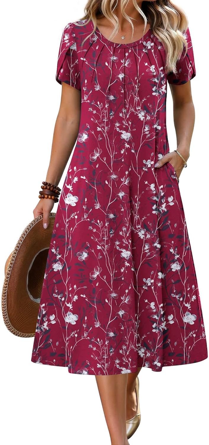 Zeagoo Womens Casual Summer Dress 2026 Petal Short Sleeve Dresses with Pleats Midi A Line Flowy Dress Boho Sundress