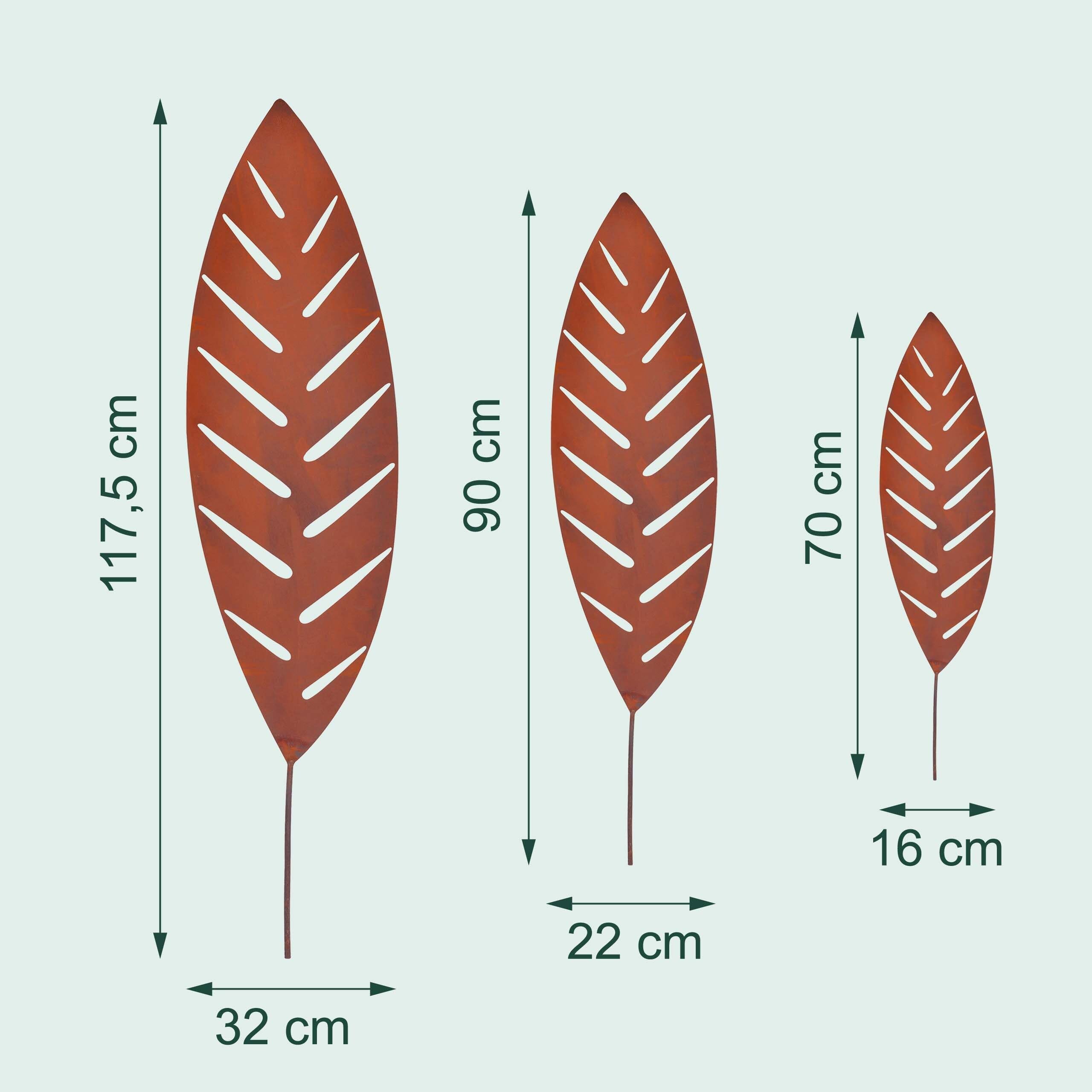 Relaxdays Gartenstecker Palmblatt, 3er Set, Rost, Metall, H: 50–100 cm, Gartendeko, Metallstecker für draußen, braun