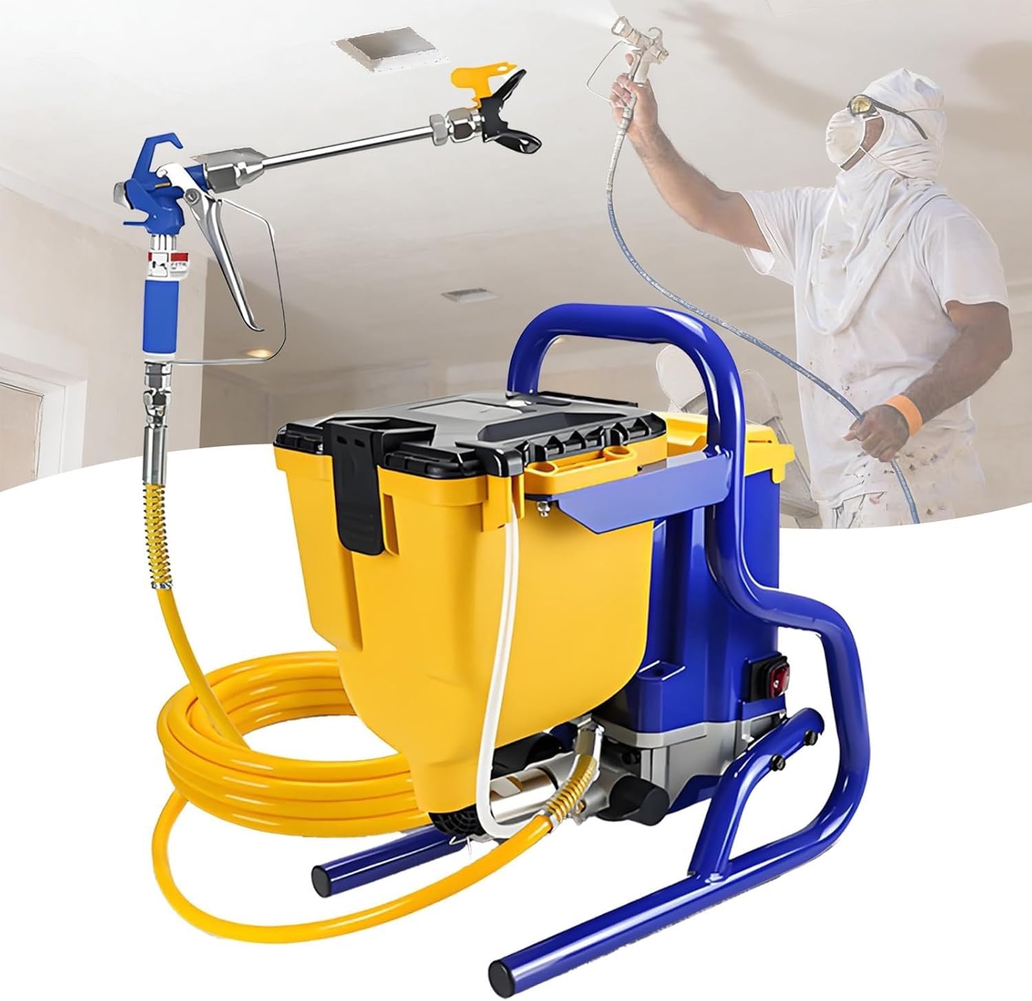 Wysokociśnieniowy Airless agregat malarski, 850 W 2000 PSI z wężem 5 m, kombinezonem ochronnym i maską do ścian wewnętrznych/zewnętrznych i ogrodzeń, równomierne wykończenie