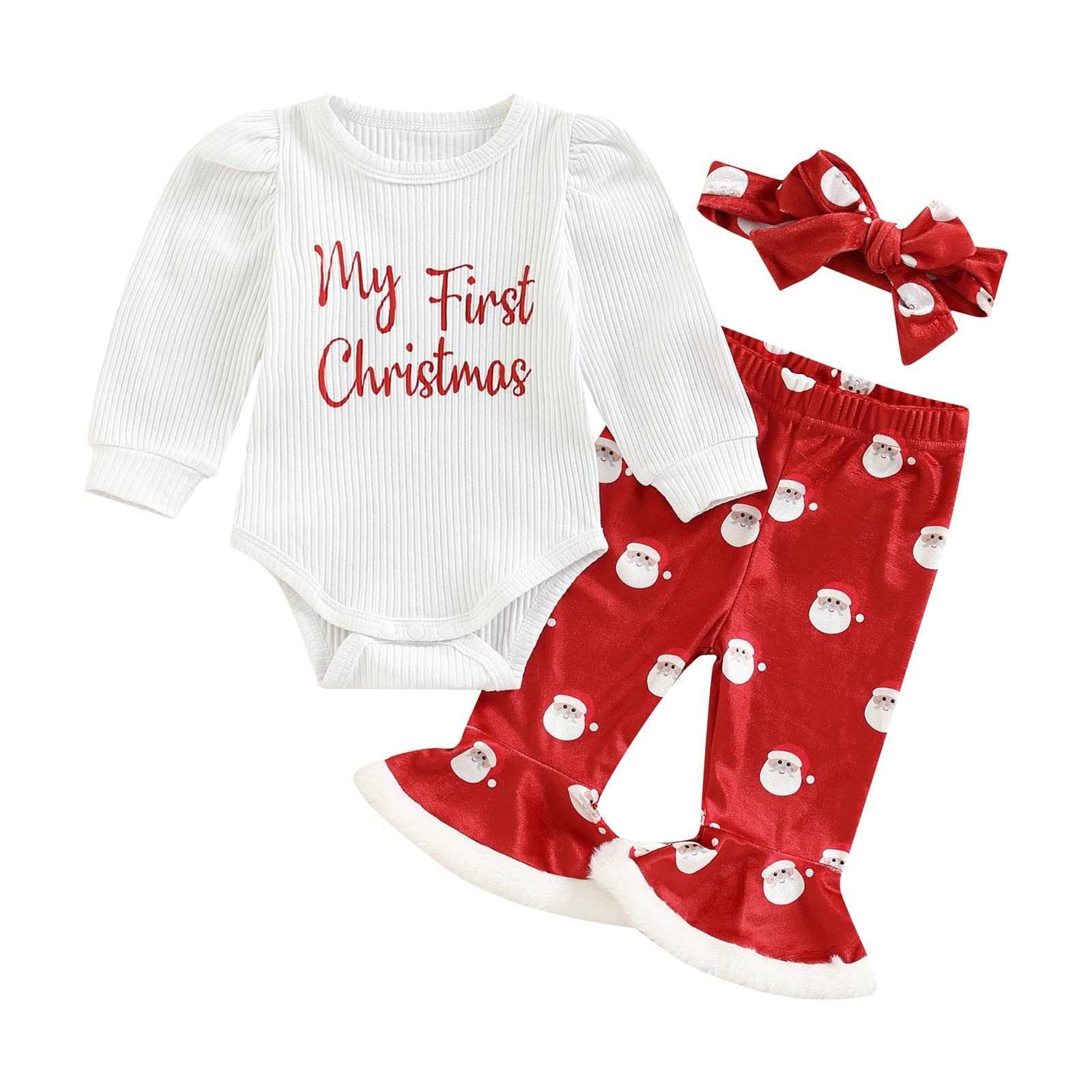 MBMSHEGH My First Christmas Baby Girl Outfit Long Sleeve Romper + Santa Claus Print Flare Pants + Headband Newborn Clothes Set (A-Christmas Red, 12-18 Months)