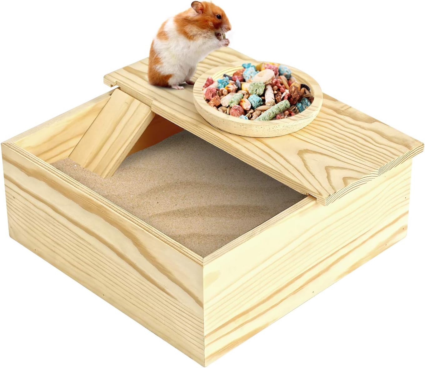 Wooden Small Pets Sand Bath Box with Tiny Pet Bowl- 7.7" x 7.7" Assemble Hamsters Shower & Digging Sand Bathtub with Stairs Rat Hideout…