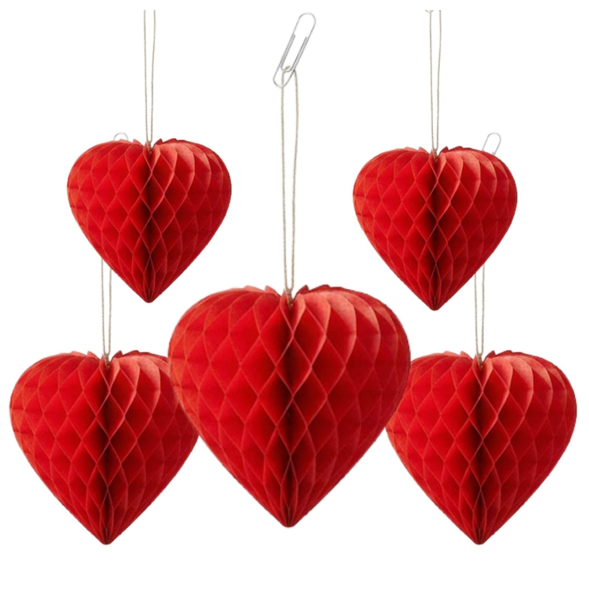 AKH® Valentine’s Honeycomb Hanging Heart Decorations | 5-Pack | Red Paper Tissue Hearts with Clips for Anniversary & Wedding Decor, Assorted Sizes 14cm to 26cm, Romantic Party Ceiling Display