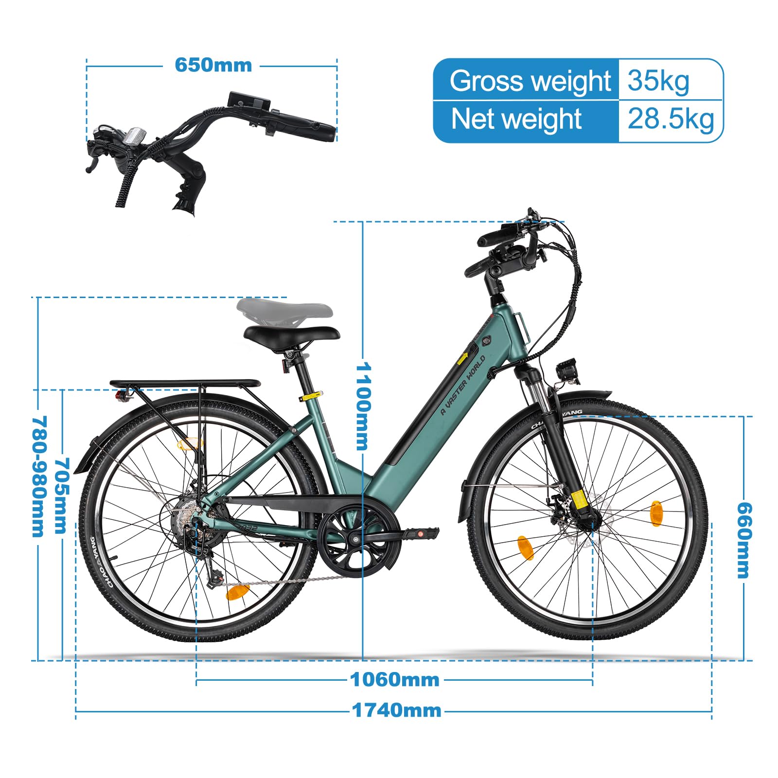 VDL Vélo électrique 26" vert pour homme et femme, batterie 48 V 10,4 Ah, 7 vitesses, freins à disque, lumière LED, fourche suspendue, vélo électrique de ville 25 km/h pour les déplacements