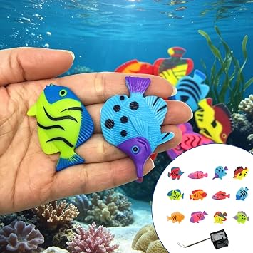 Plastic Fish, 12PCS Fish Deco and Black Small Net, Mini Simulated Sea Animal Models, Ocean Theme Party Decoration for Pool Games Activities and Marine Life Teaching (Random Style)