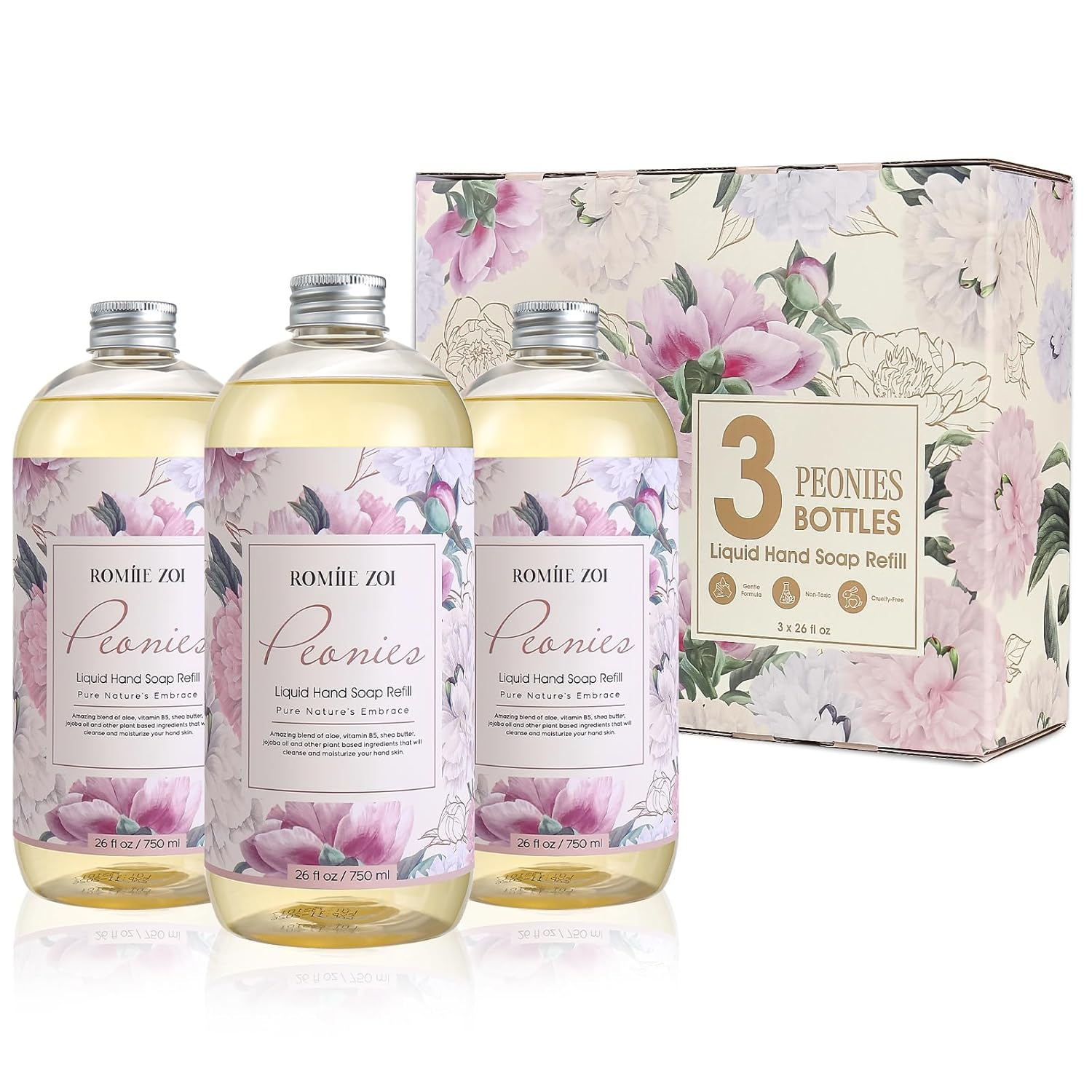 ROMIIE ZOI Liquid Hand Soap Refills Gift Set – Peony Scent – 3 x 26 Fl Oz Bottles – Plant-Based, Non-Toxic, Gentle & Moisturizing Formula with Essential Oils – for Bathroom, Kitchen & Home Gifting