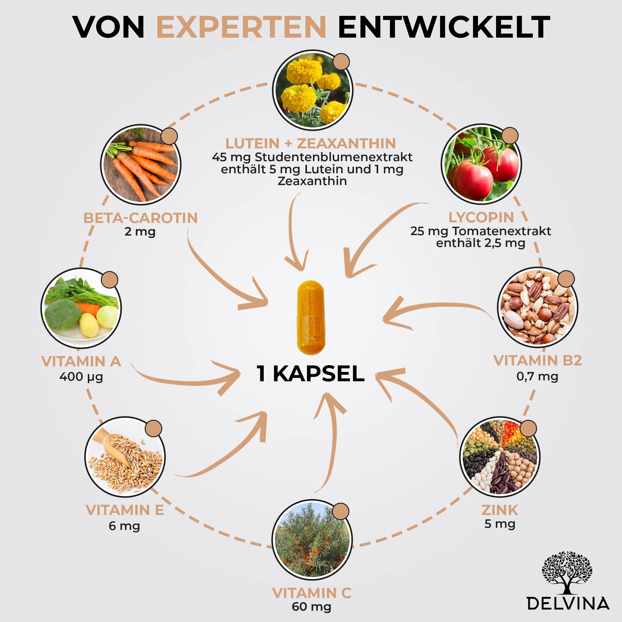 Augenvitamine Hochdosiert - 120 Kapseln - Lutein Zeaxanthin Hochdosiert mit Beta Carotin, Lycopin, Vitamin A, Vitamin C, Vitamin E, Vitamin B2, und Zink - 100% Natürlich und Vegan - 4 Monate Vorrat